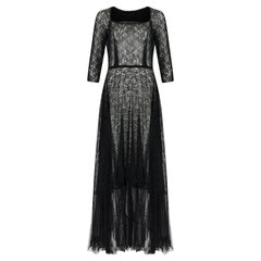 Maxi abito in pizzo floreale nero anni '30 con balza profonda in rete