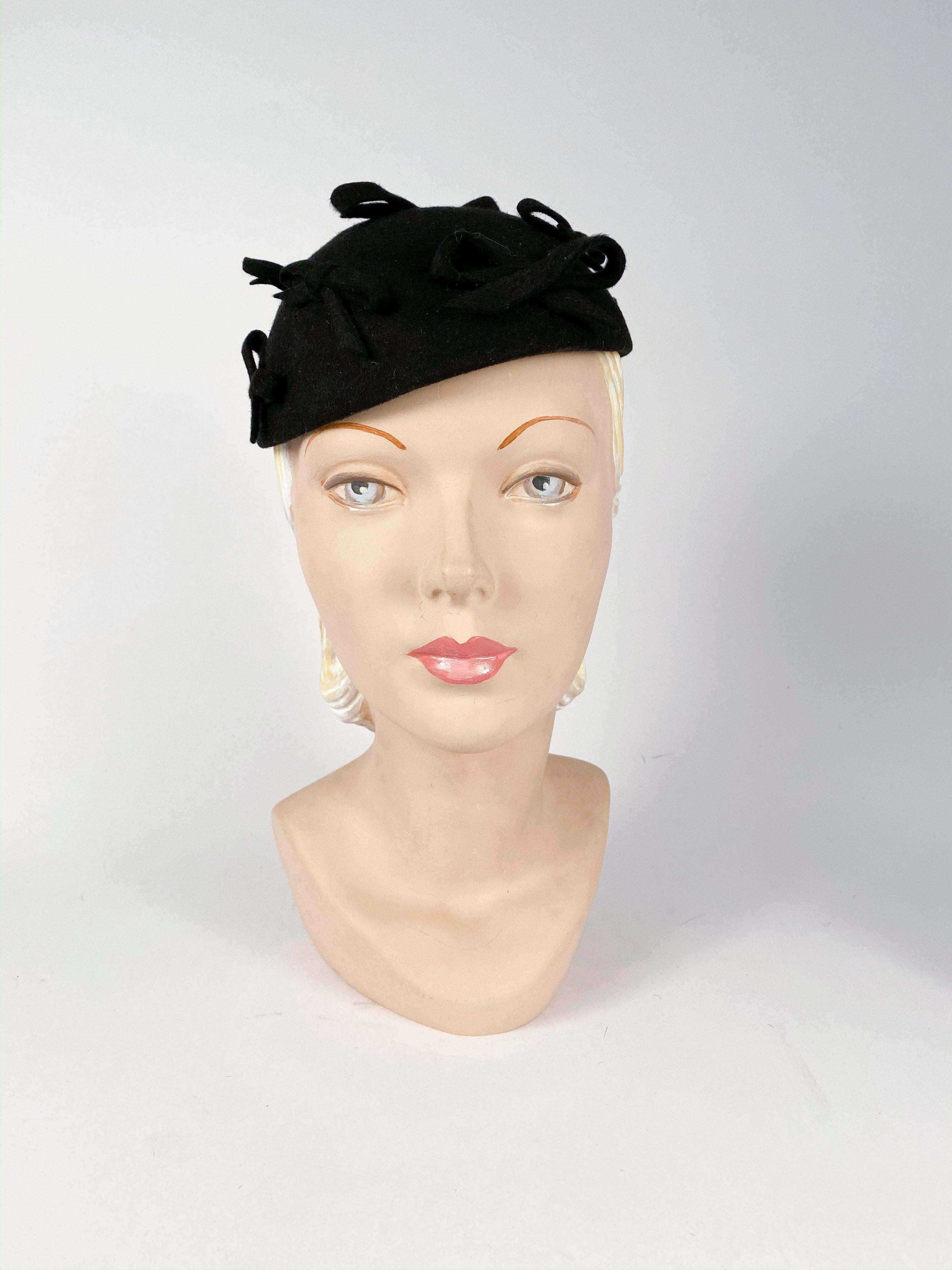 1930s Black Fur Felt Evening Hat with several Bows accenting the body of this hat. 