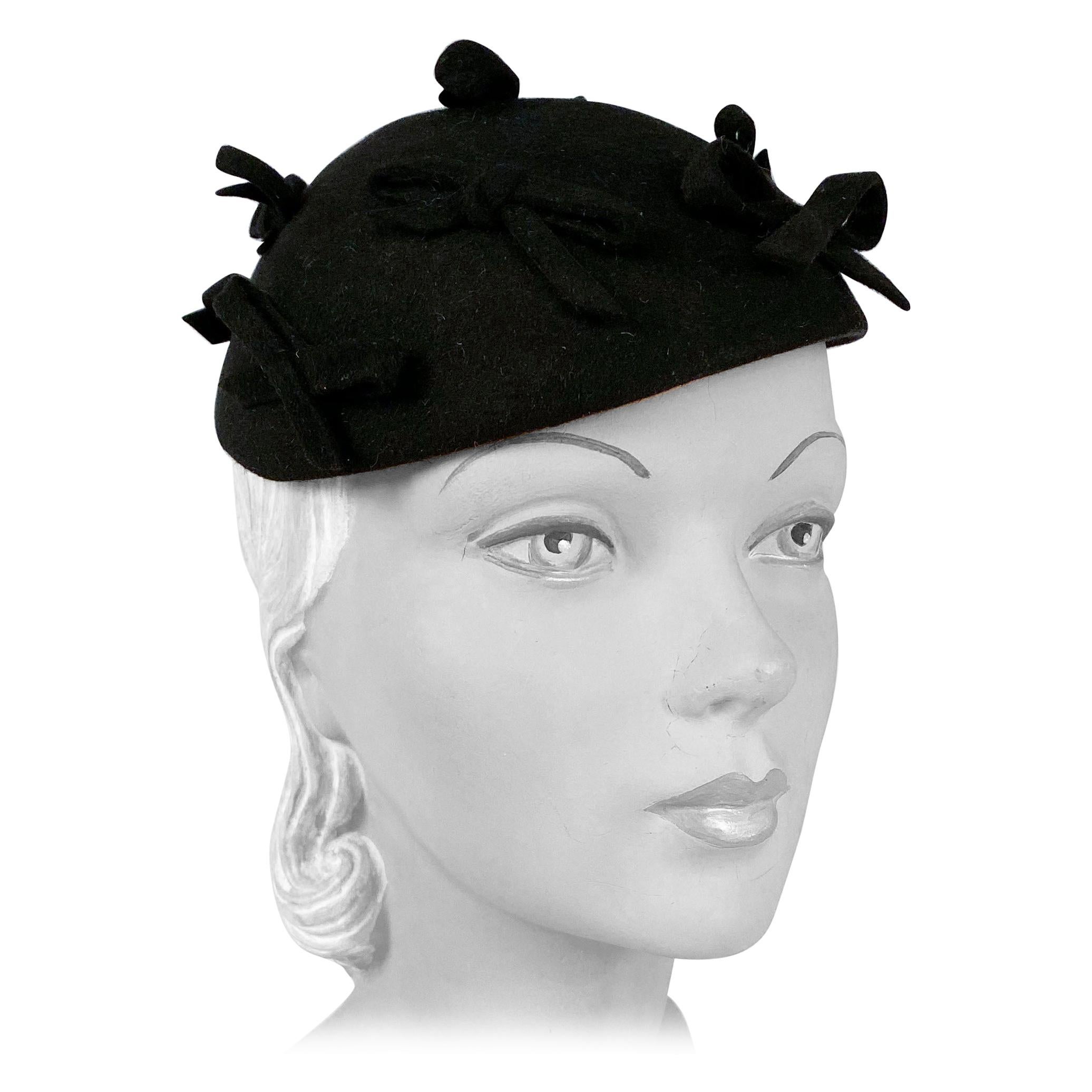 1930s Black Fur Felt Evening Hat with Bows