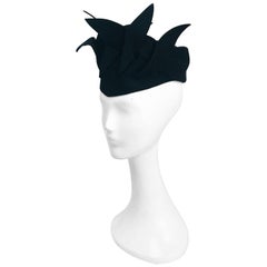1930s Black Fur Felt Hat with Winged Appliqué Accents
