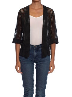 1930S Black Geometric Cotton Eyelet Lace Sheer Cardigan Jacket