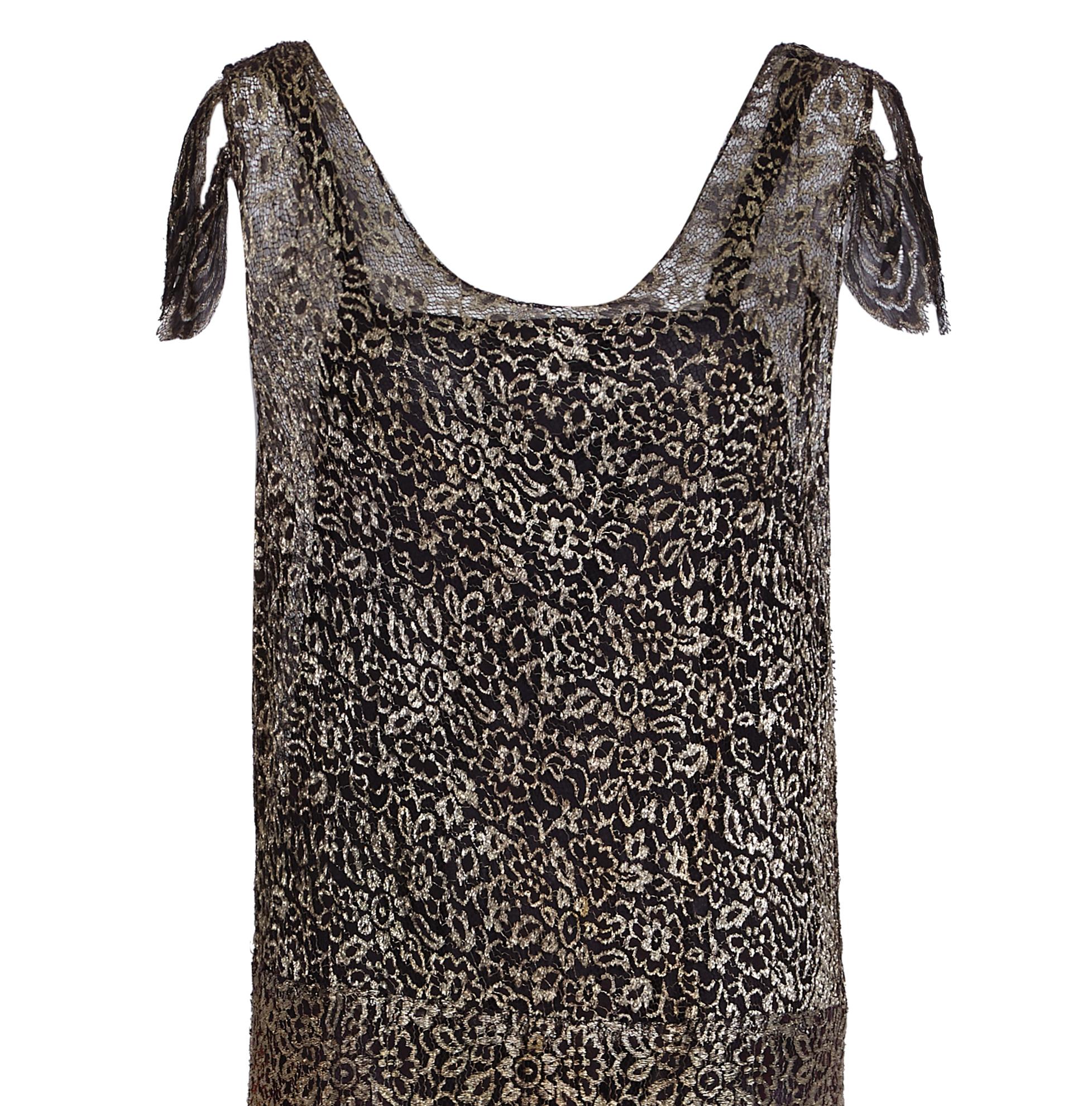Vestido francés de encaje floral negro y dorado de los años 30 Negro en venta