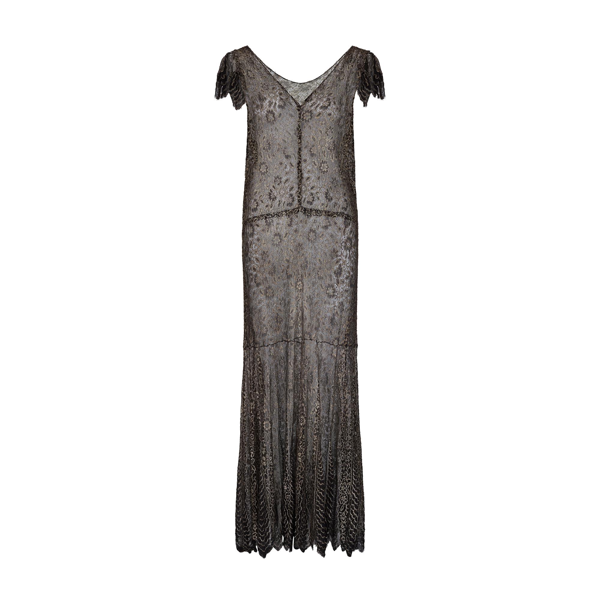 Vestido francés de encaje floral negro y dorado de los años 30 en venta 1