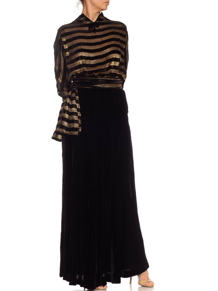 1930s Franco Bertoli Hand Painted Gold Patterned Caftan Dress on A Deep Red Silk Velvet