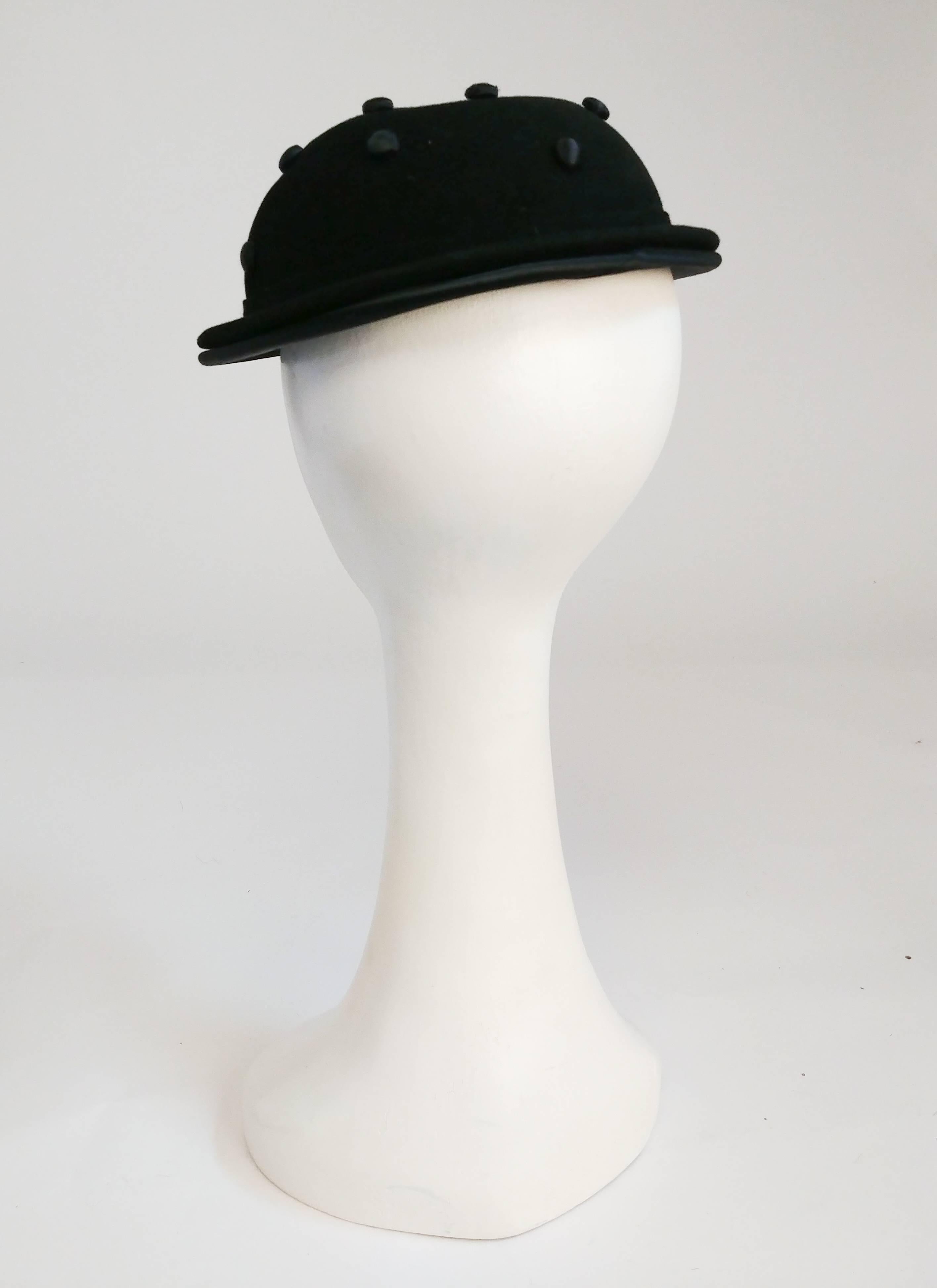 Women's Black Hat with Covered Buttons, 1930s  For Sale