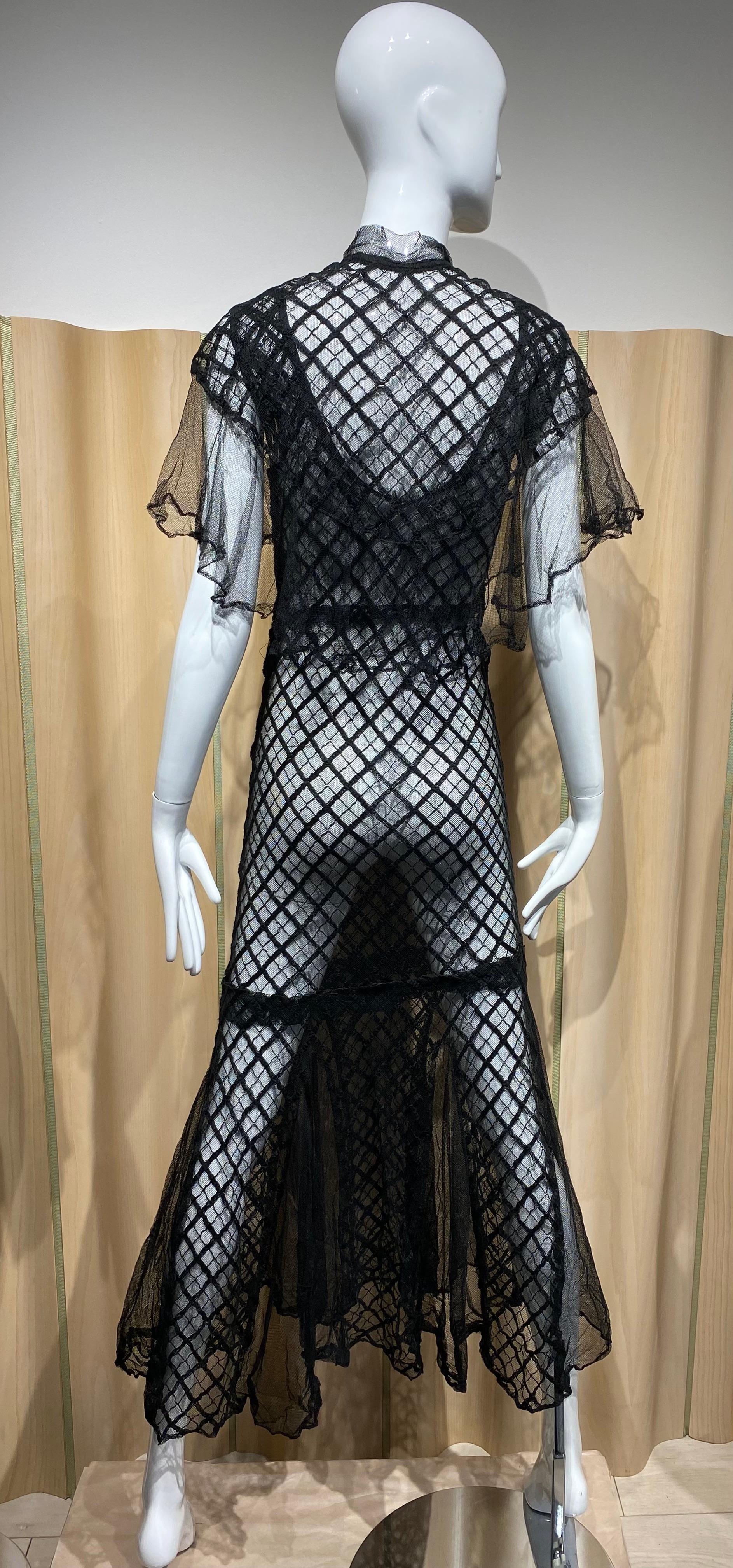 1930s Black sheer net tulle and lace sleeveless dress with capelet.
fit size US 0/2
** final sale 
** see some flaws ( image attached0