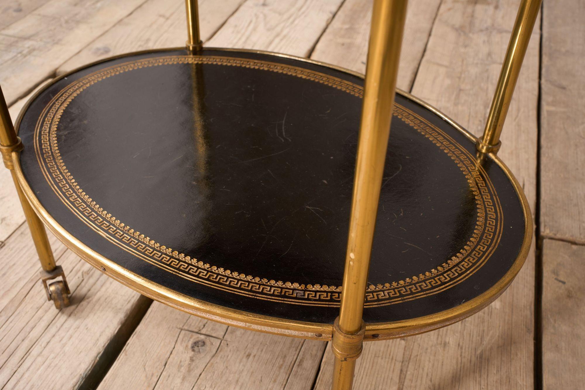 Brass 1930's Black leather and brass two tiered drinks table