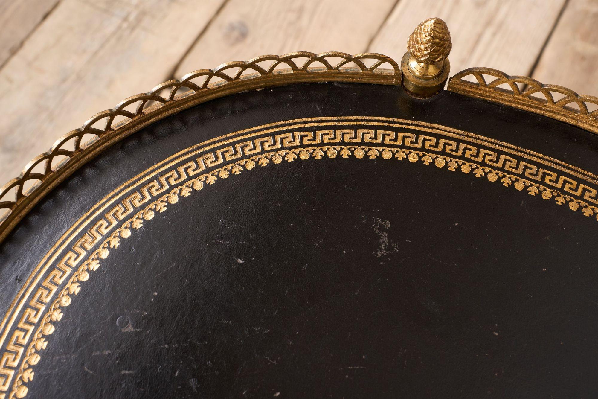 1930's Black leather and brass two tiered drinks table 2