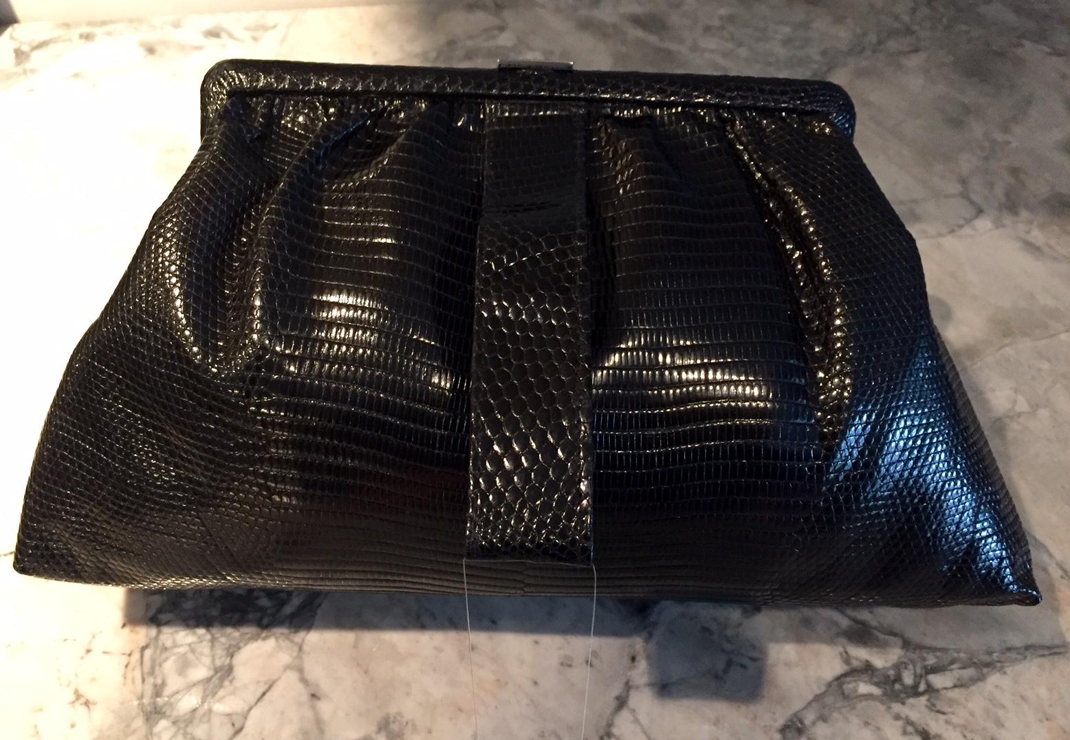 1930's Black Lizard Evening Bag Silver, Marcasite, Chrysoprase Onyx Clasp As New In Excellent Condition In New Hope, PA