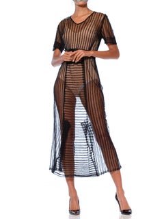 1930S Black Net Pintucked Sheer Dress With Ribbon Waist