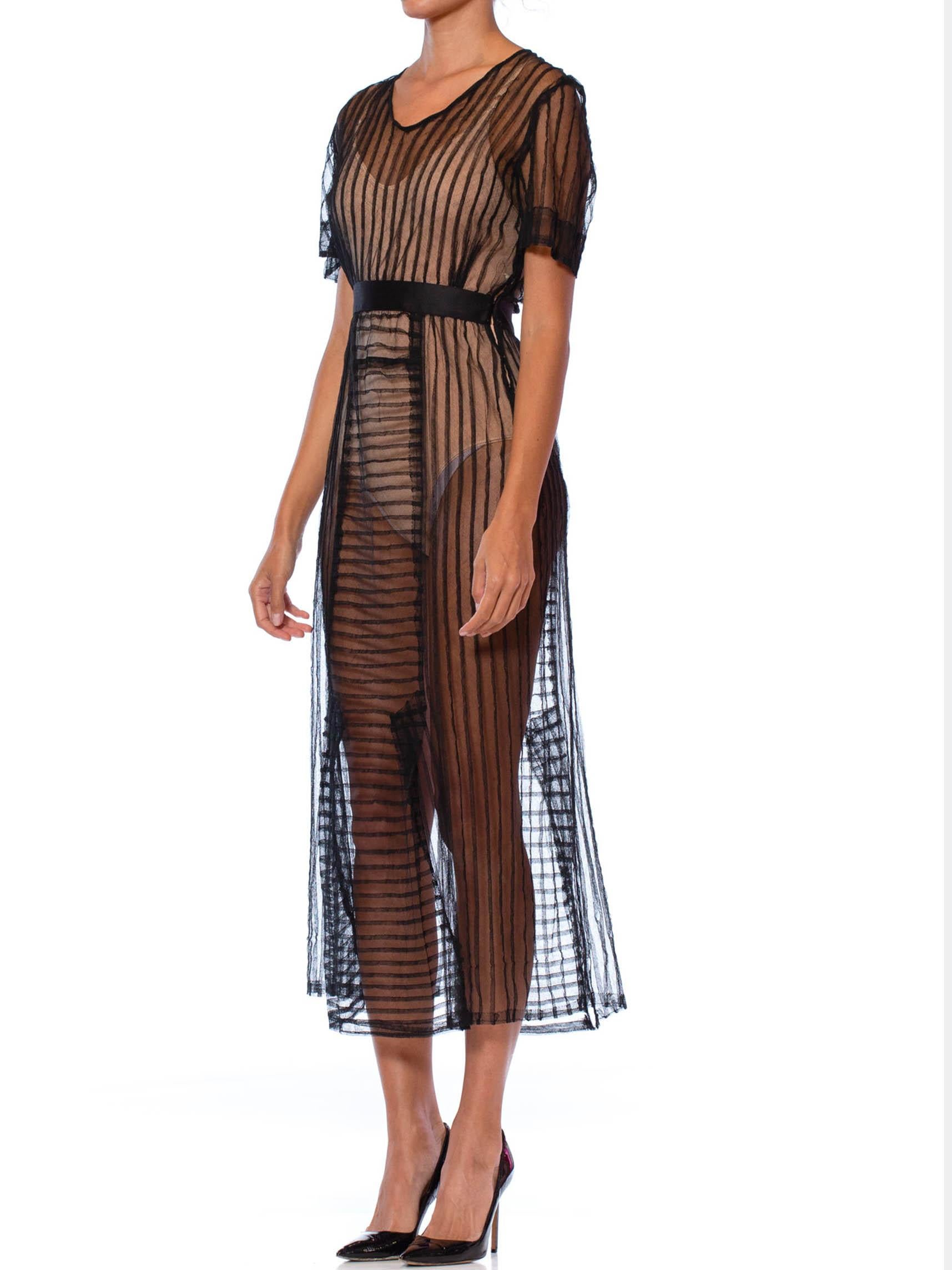 1930S Black Net Pintucked Sheer Dress With Ribbon Waist In Good Condition For Sale In New York, NY
