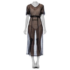 1930S Black Net Pintucked Sheer Dress With Ribbon Waist