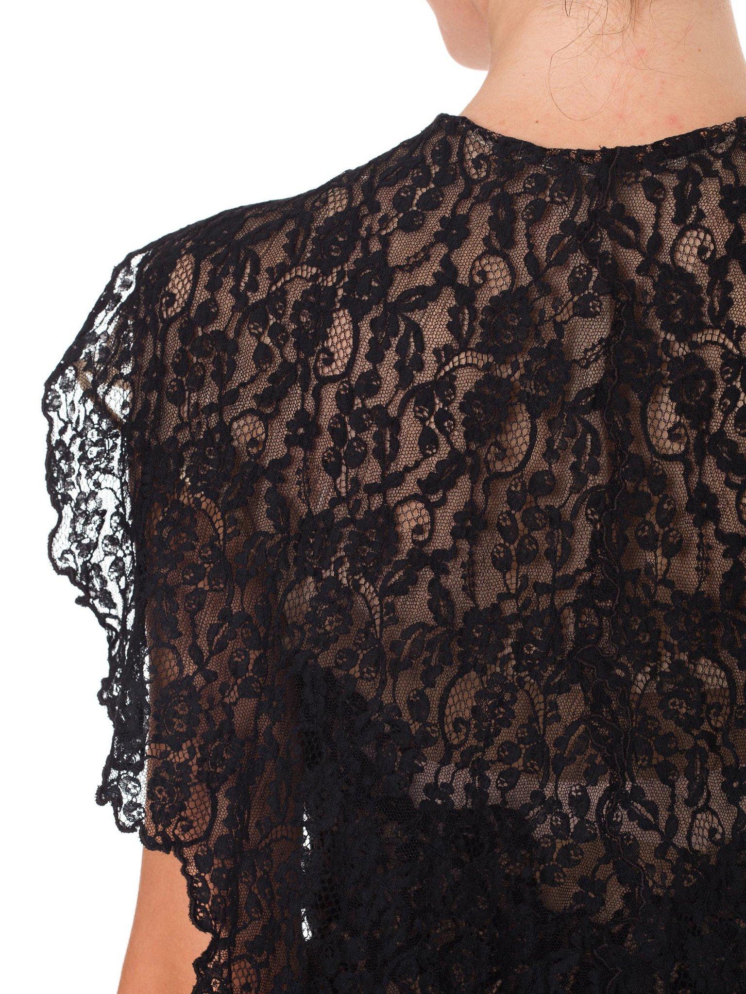 1930S Black & Nude Silk Chiffon Lace Gown With Attached Cape 7
