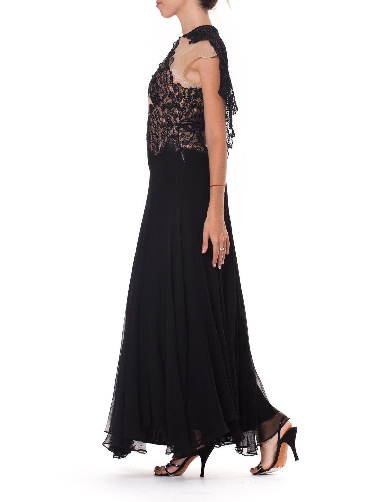 Women's 1930S Black & Nude Silk Chiffon Lace Gown With Attached Cape
