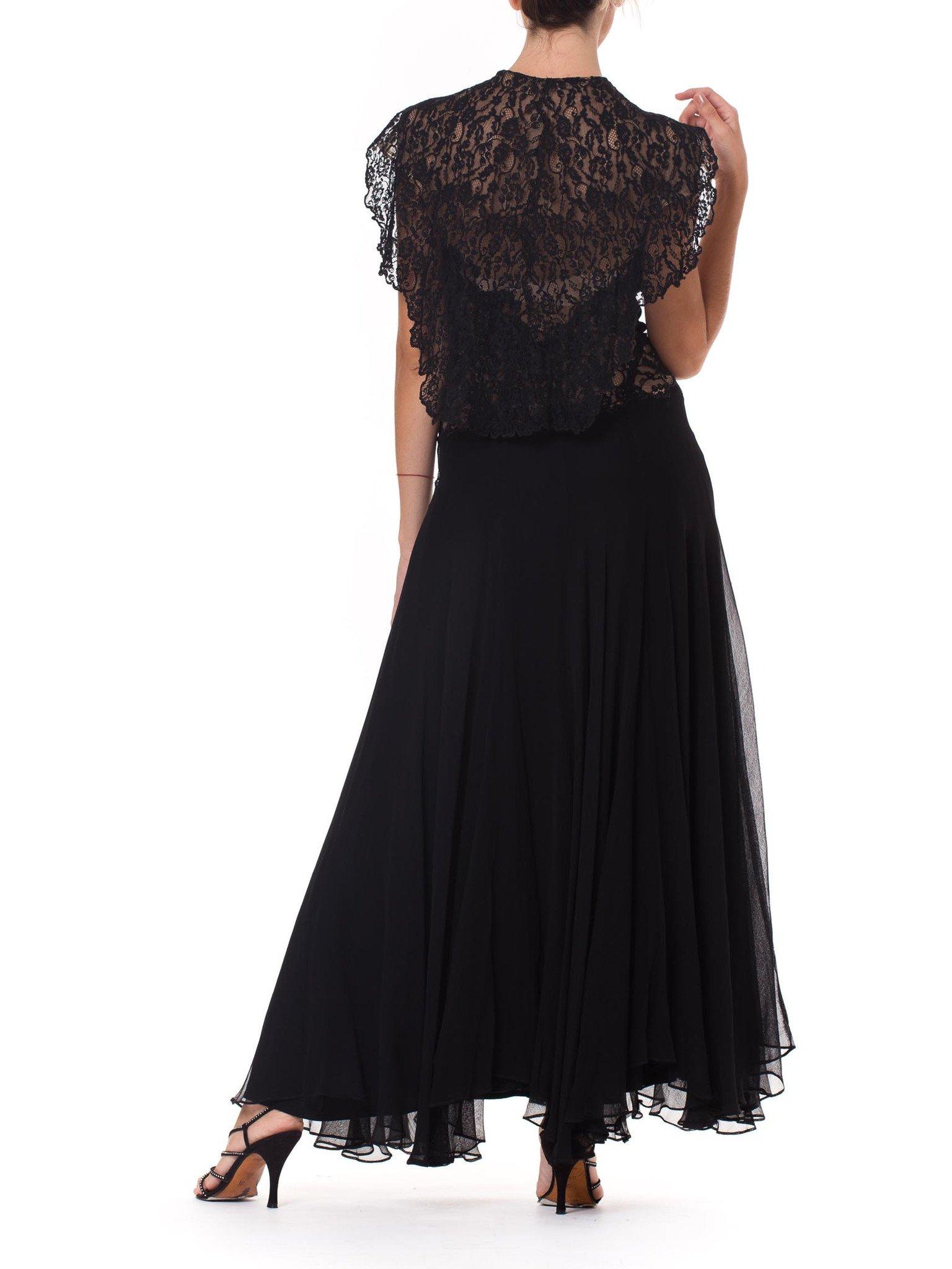 1930S Black & Nude Silk Chiffon Lace Gown With Attached Cape 2