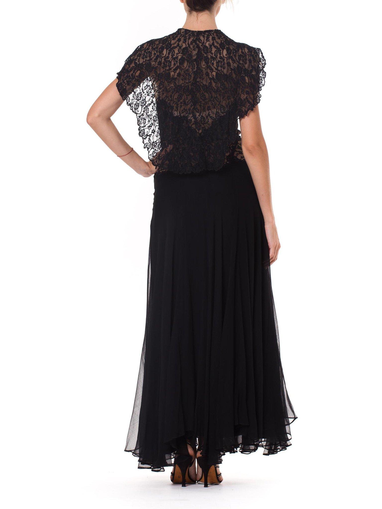 1930S Black & Nude Silk Chiffon Lace Gown With Attached Cape 3