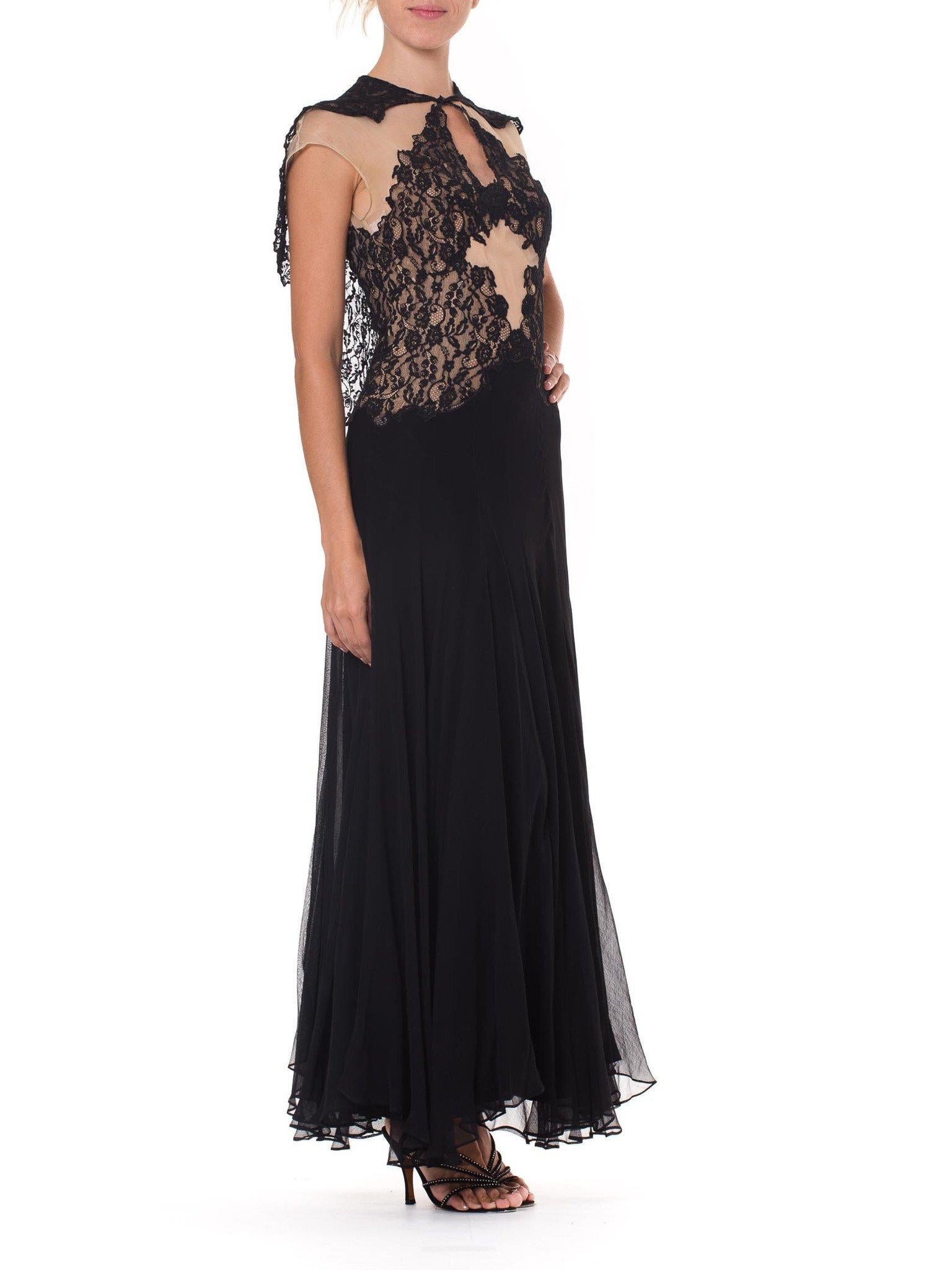 1930S Black & Nude Silk Chiffon Lace Gown With Attached Cape 5