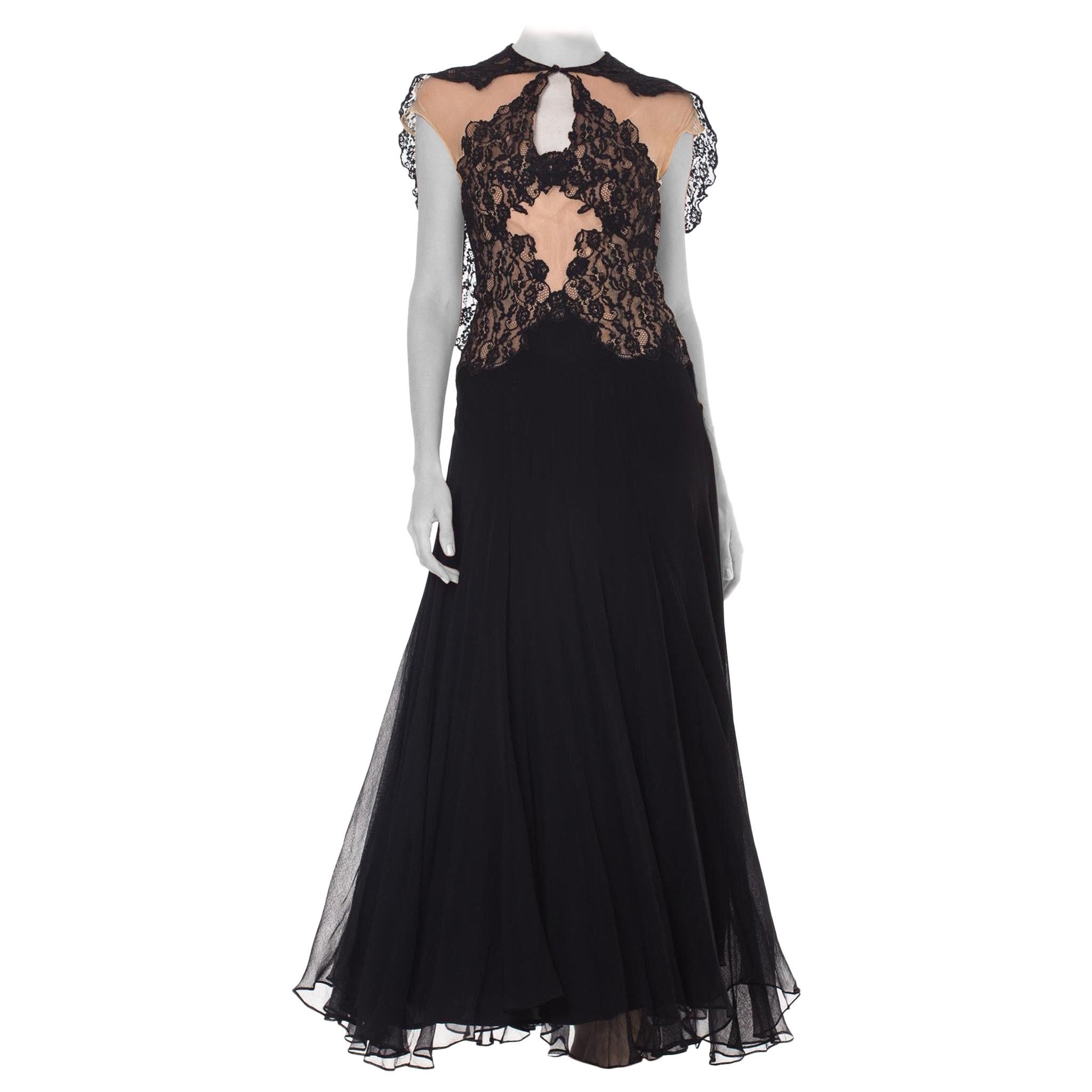 1930S Black & Nude Silk Chiffon Lace Gown With Attached Cape