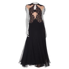 Vintage 1930S Black & Nude Silk Chiffon Lace Gown With Attached Cape