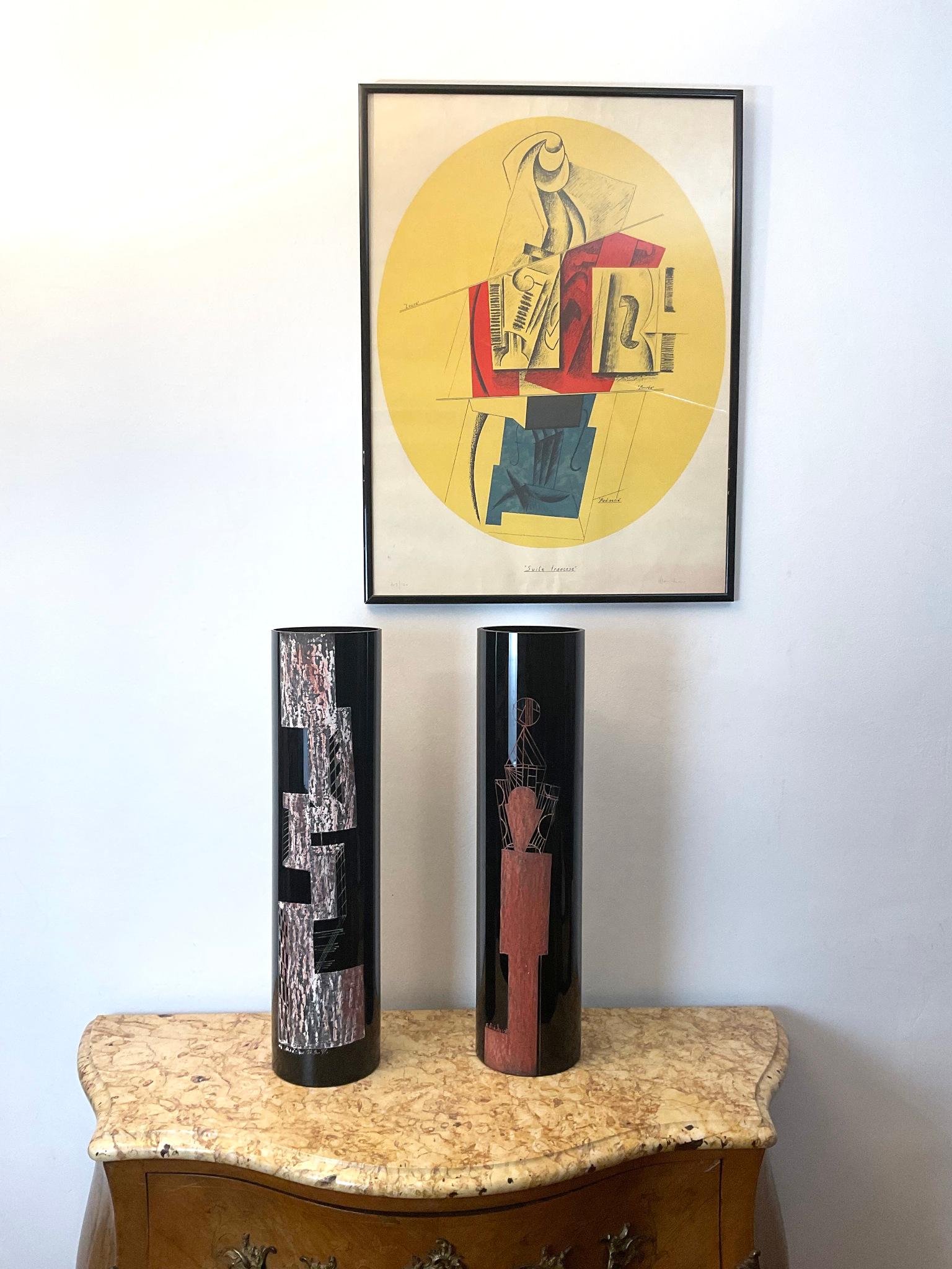 1930s Vase Engraved By Anatole Riecke in Black Opaline with a Red Cubist Figure For Sale 5
