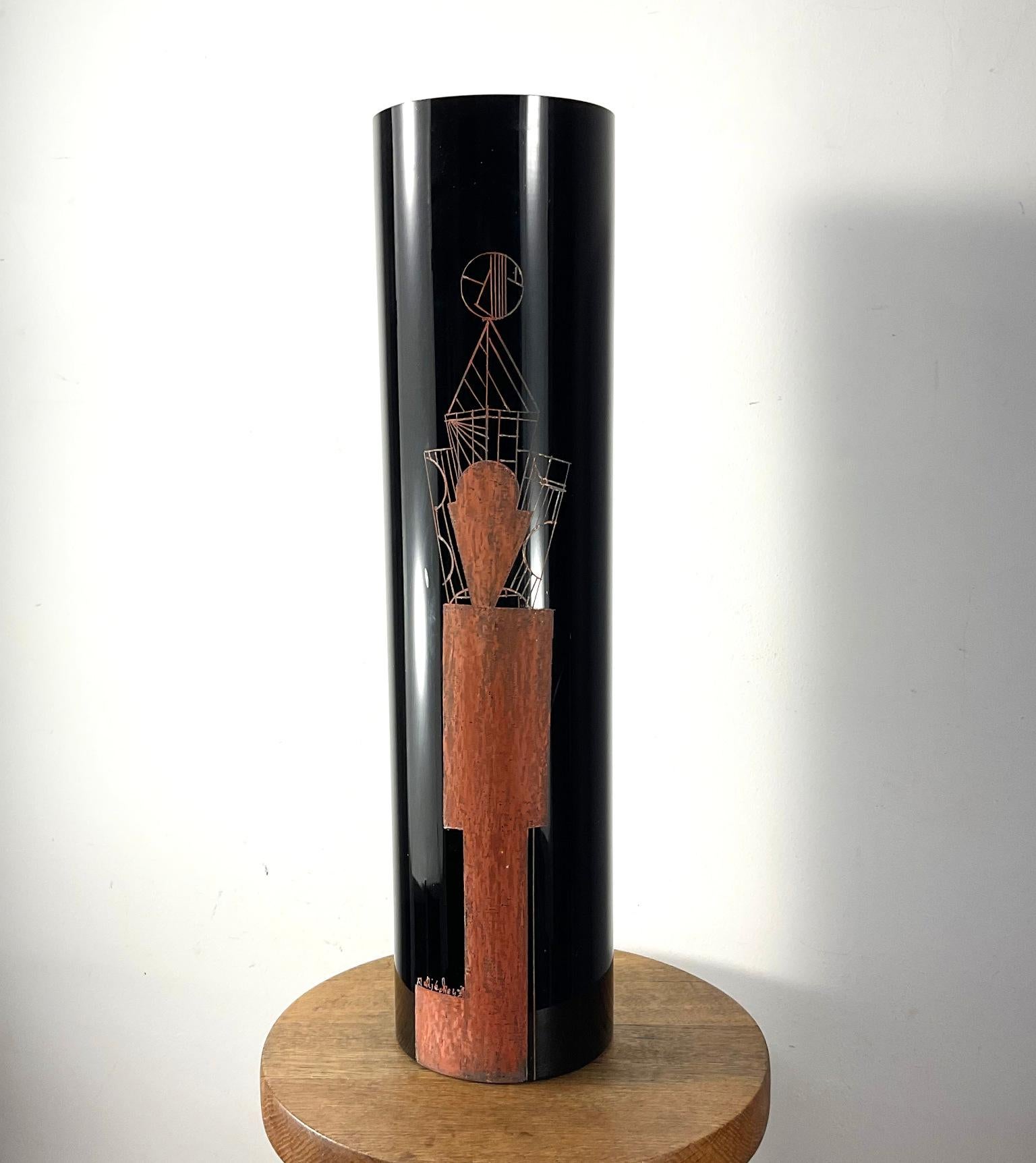 Art Deco 1930s Vase Engraved By Anatole Riecke in Black Opaline with a Red Cubist Figure For Sale