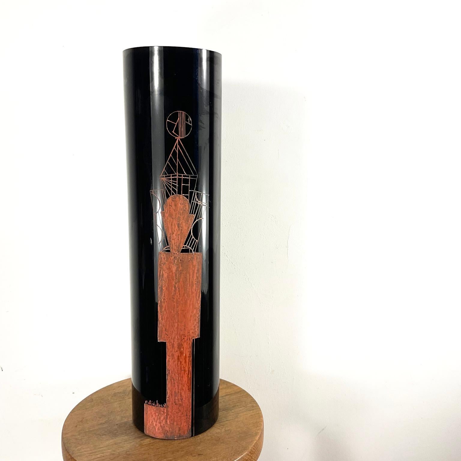 French 1930s Vase Engraved By Anatole Riecke in Black Opaline with a Red Cubist Figure For Sale
