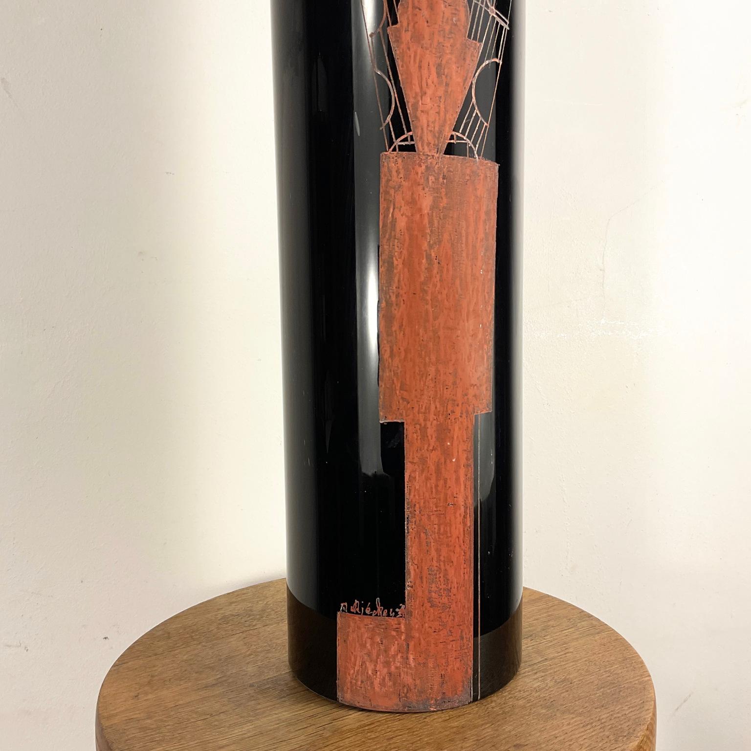 Hand-Painted 1930s Vase Engraved By Anatole Riecke in Black Opaline with a Red Cubist Figure For Sale
