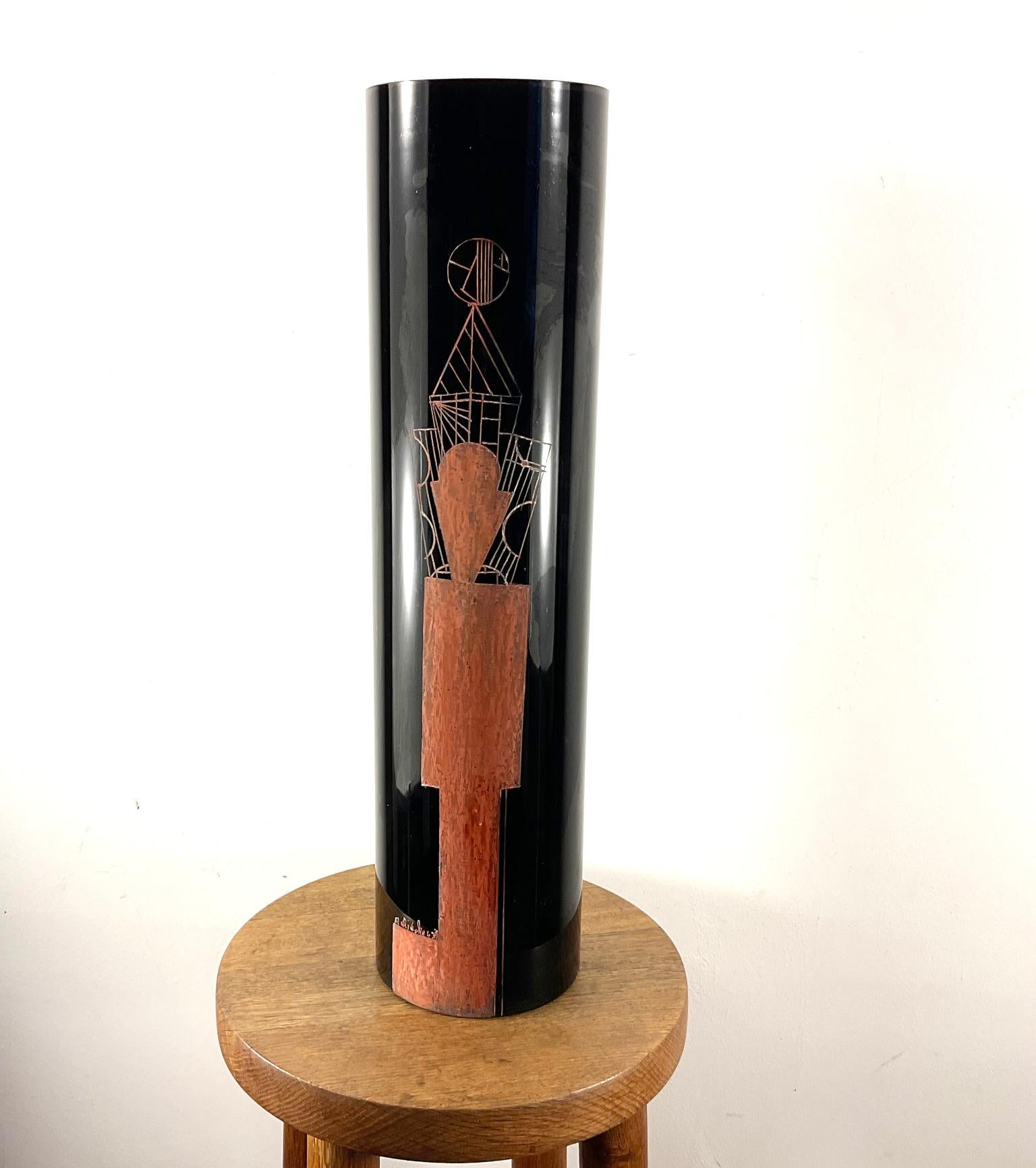 Opaline Glass 1930s Vase Engraved By Anatole Riecke in Black Opaline with a Red Cubist Figure For Sale