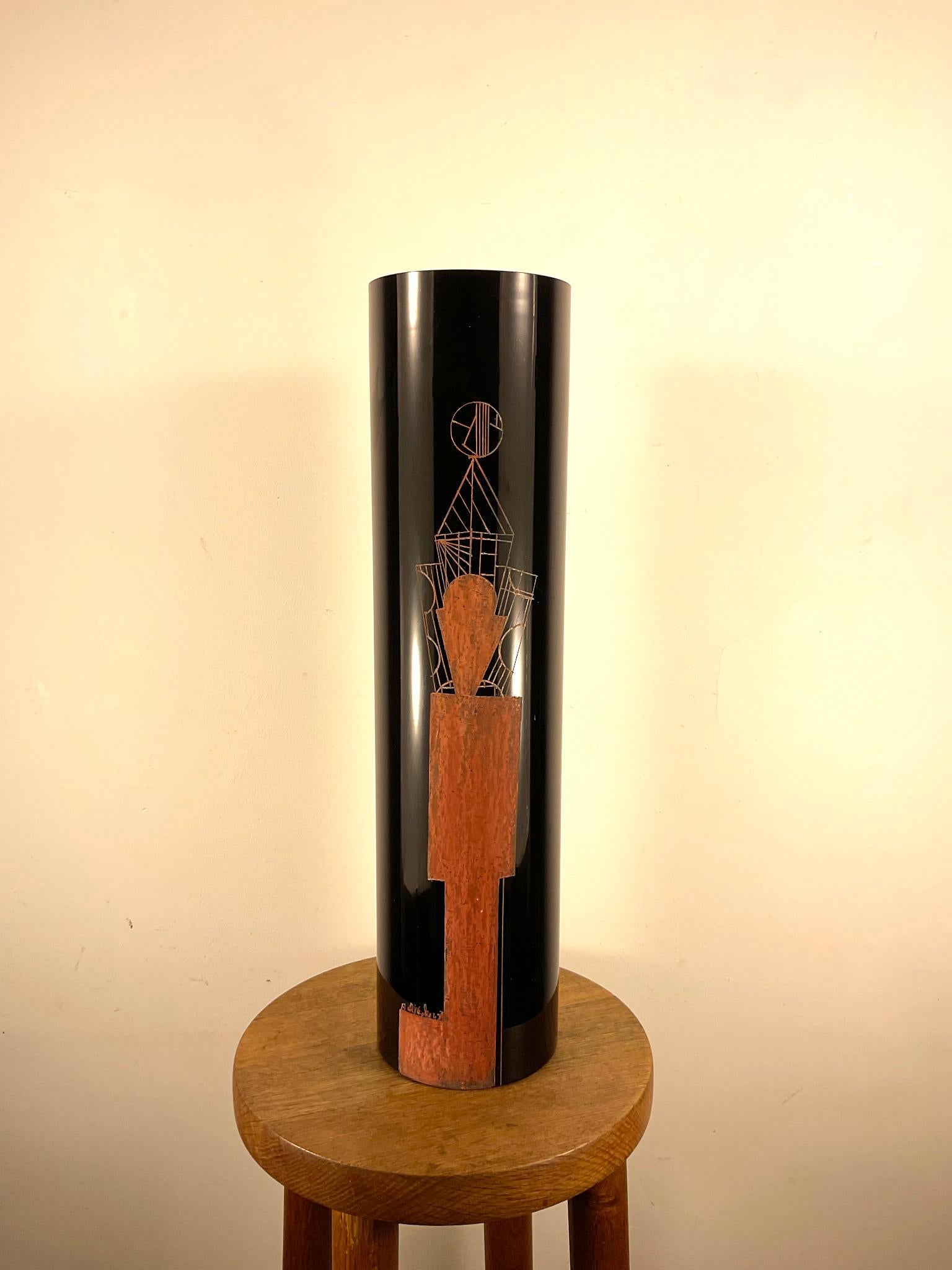 1930s Vase Engraved By Anatole Riecke in Black Opaline with a Red Cubist Figure For Sale 1