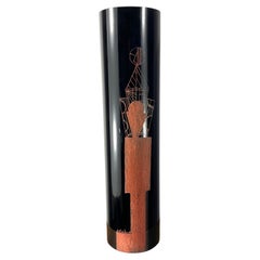 1930s Black Opaline Vase by Anatole Riecke Engraved with a Red Cubist Figure