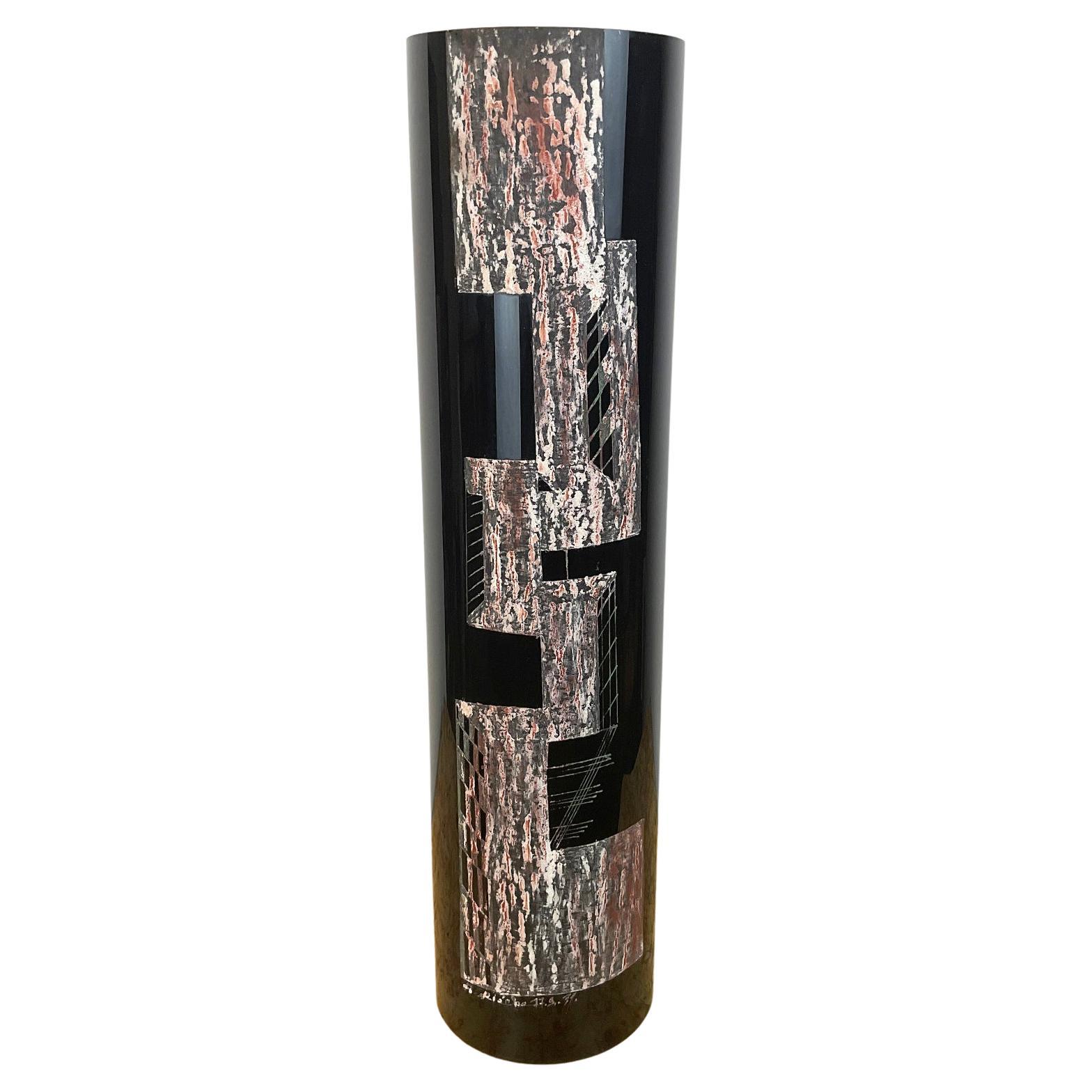 Vase en opaline noire gravé par Anatole Riecke avec conception cubiste, années 1930