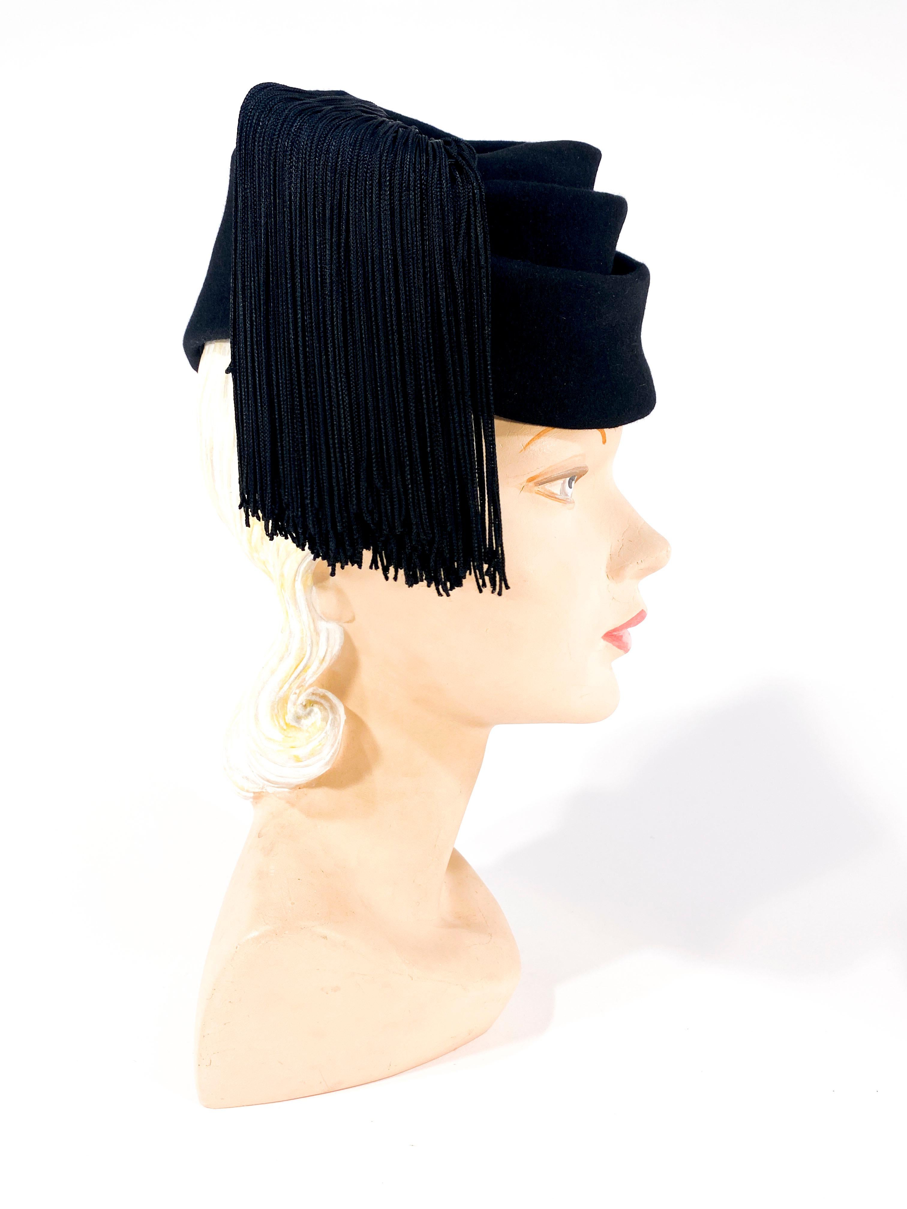 1930s Black Perch Hat with Silk Tassel Decoration In Good Condition In San Francisco, CA
