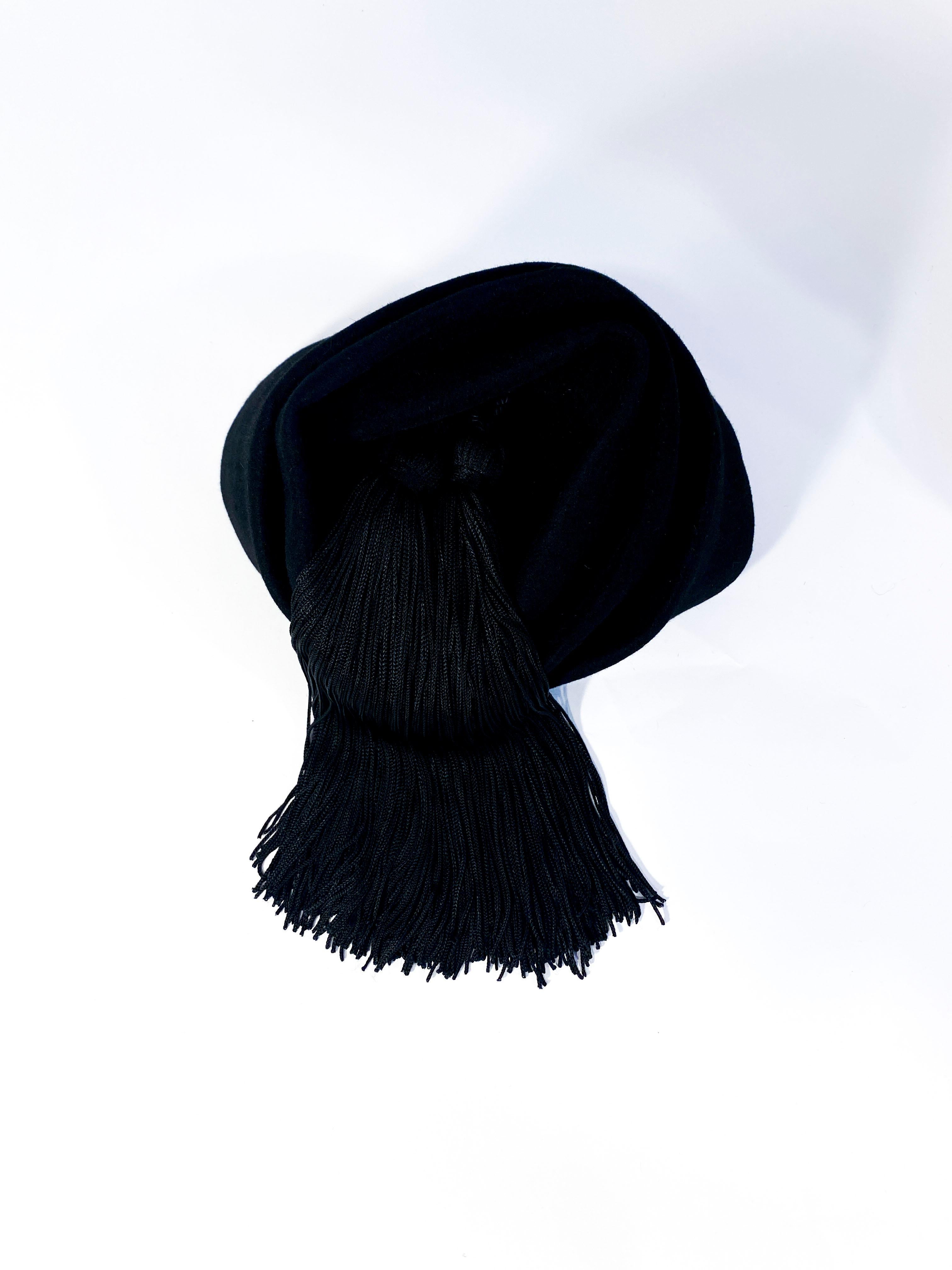 1930s Black Perch Hat with Silk Tassel Decoration 1