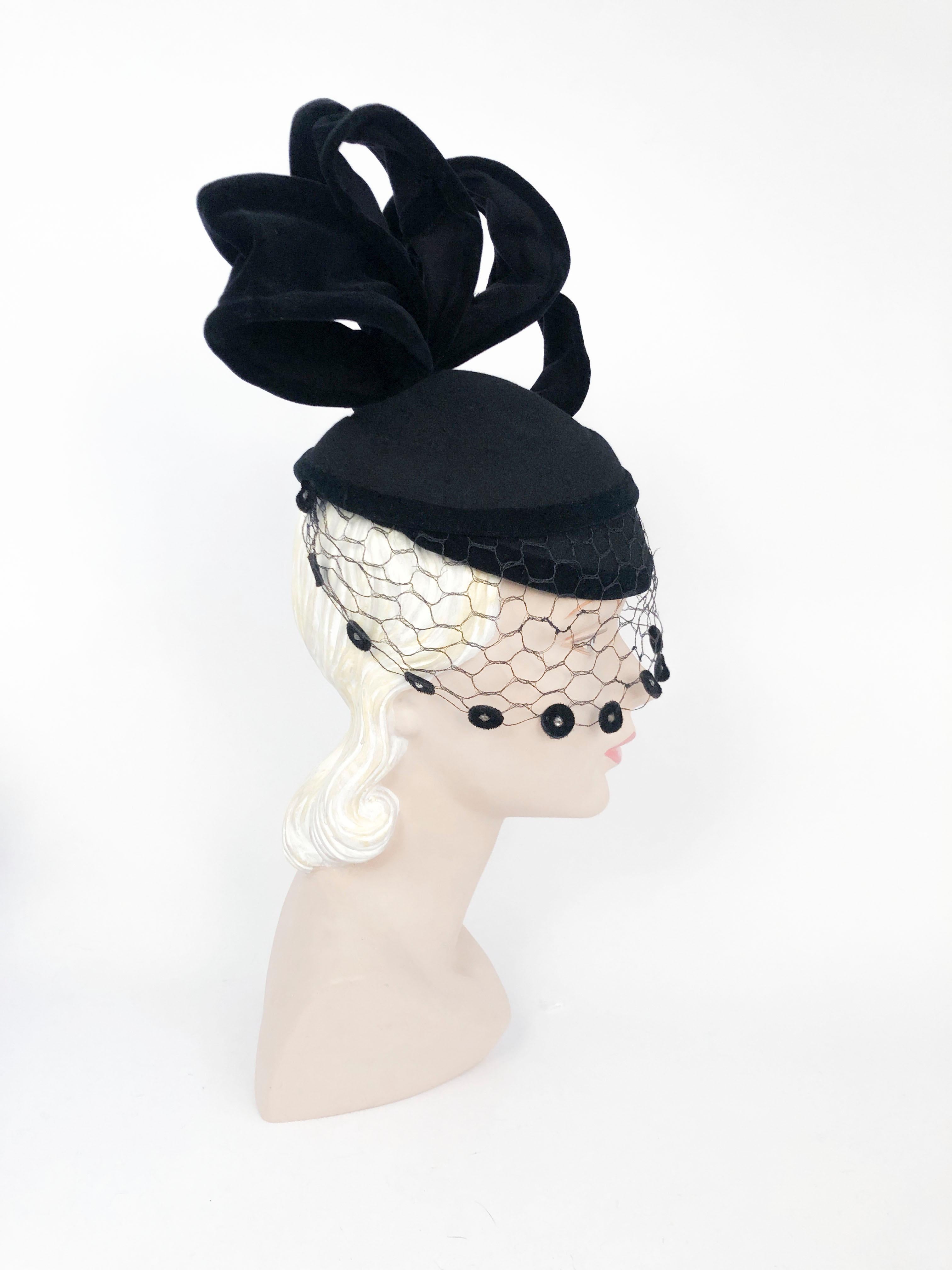 1930s Black Perch Hat with Structured Accents and Decorated Veil In Good Condition In San Francisco, CA