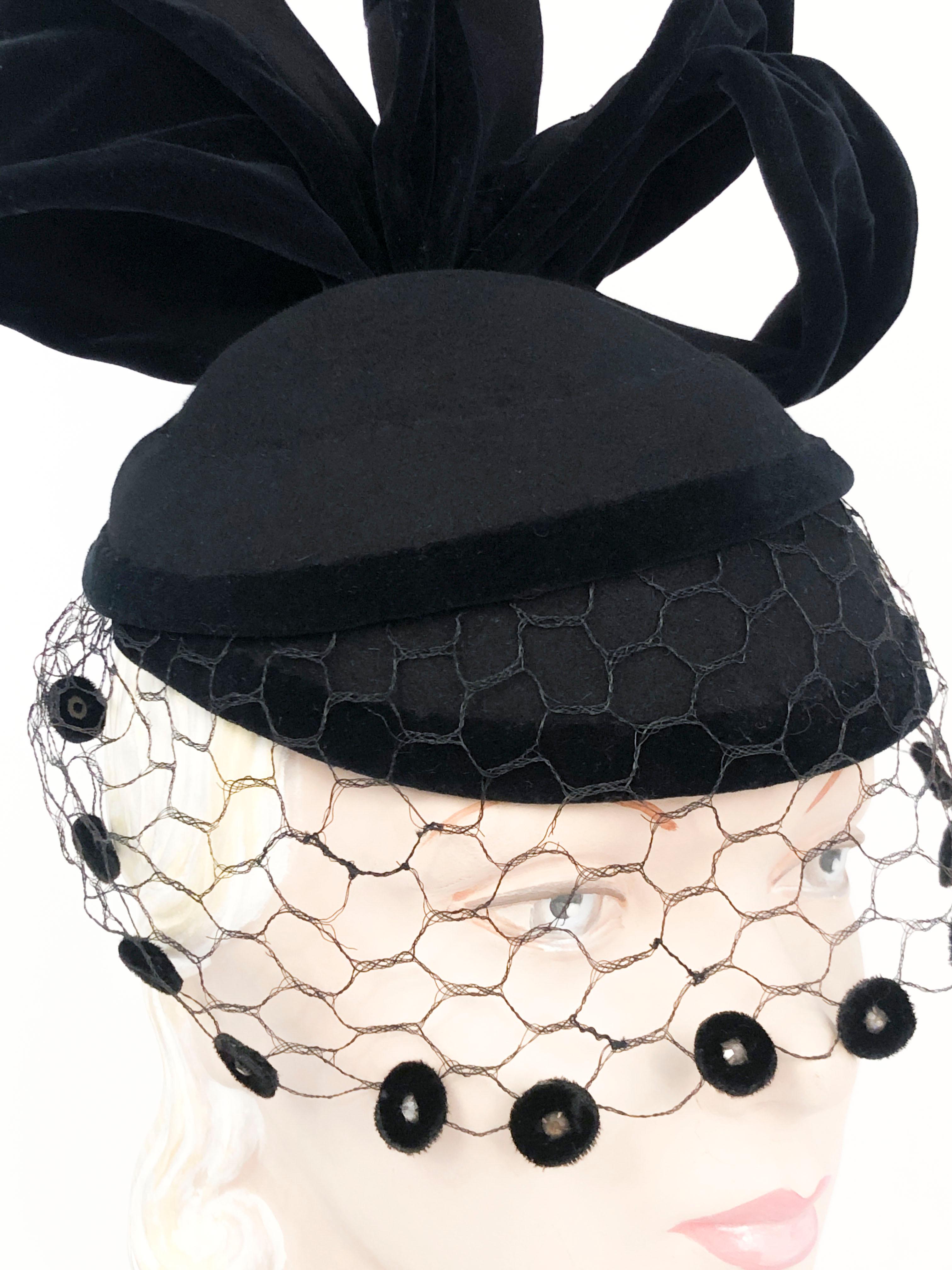 Women's 1930s Black Perch Hat with Structured Accents and Decorated Veil