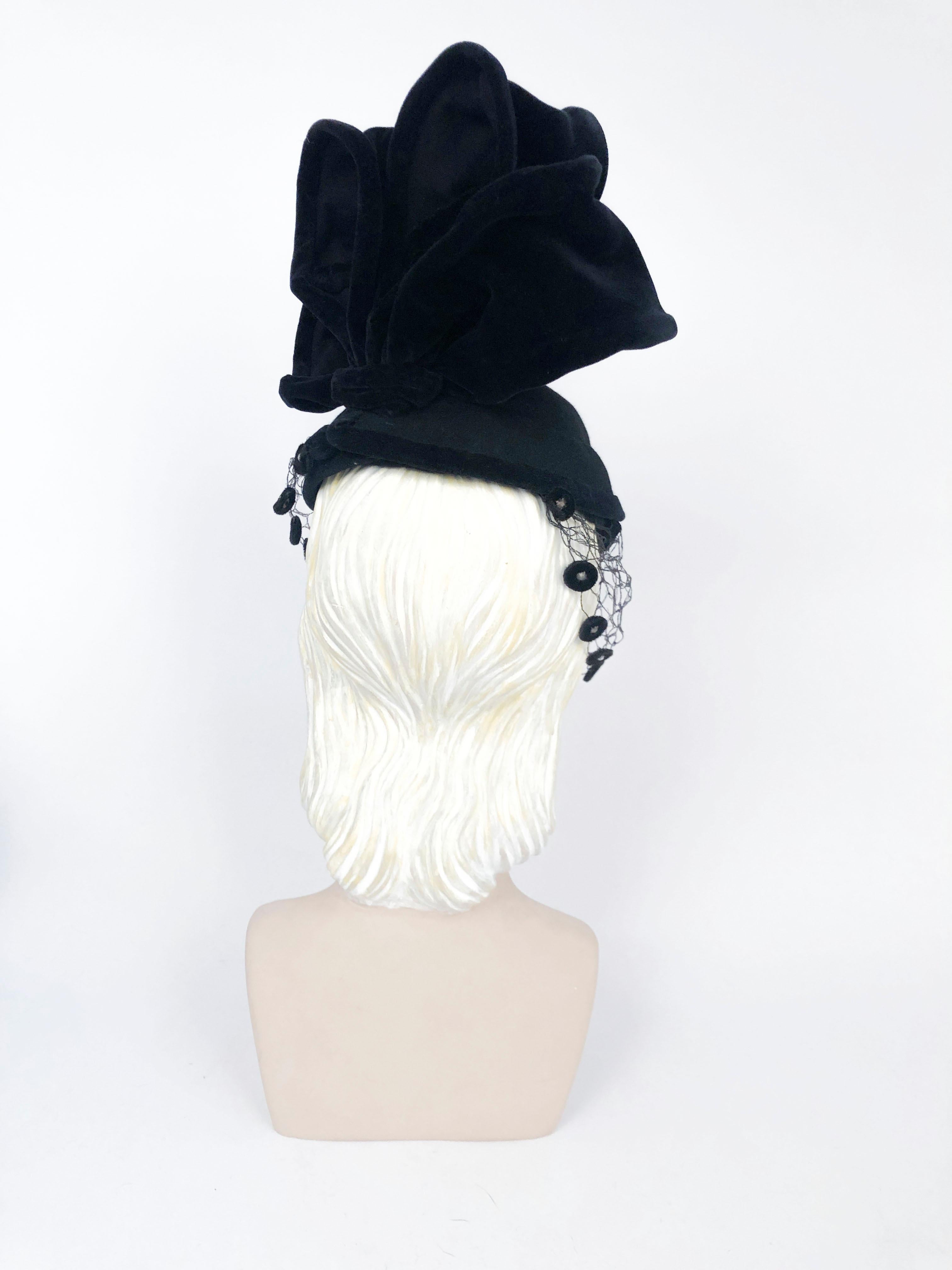 1930s Black Perch Hat with Structured Accents and Decorated Veil 1