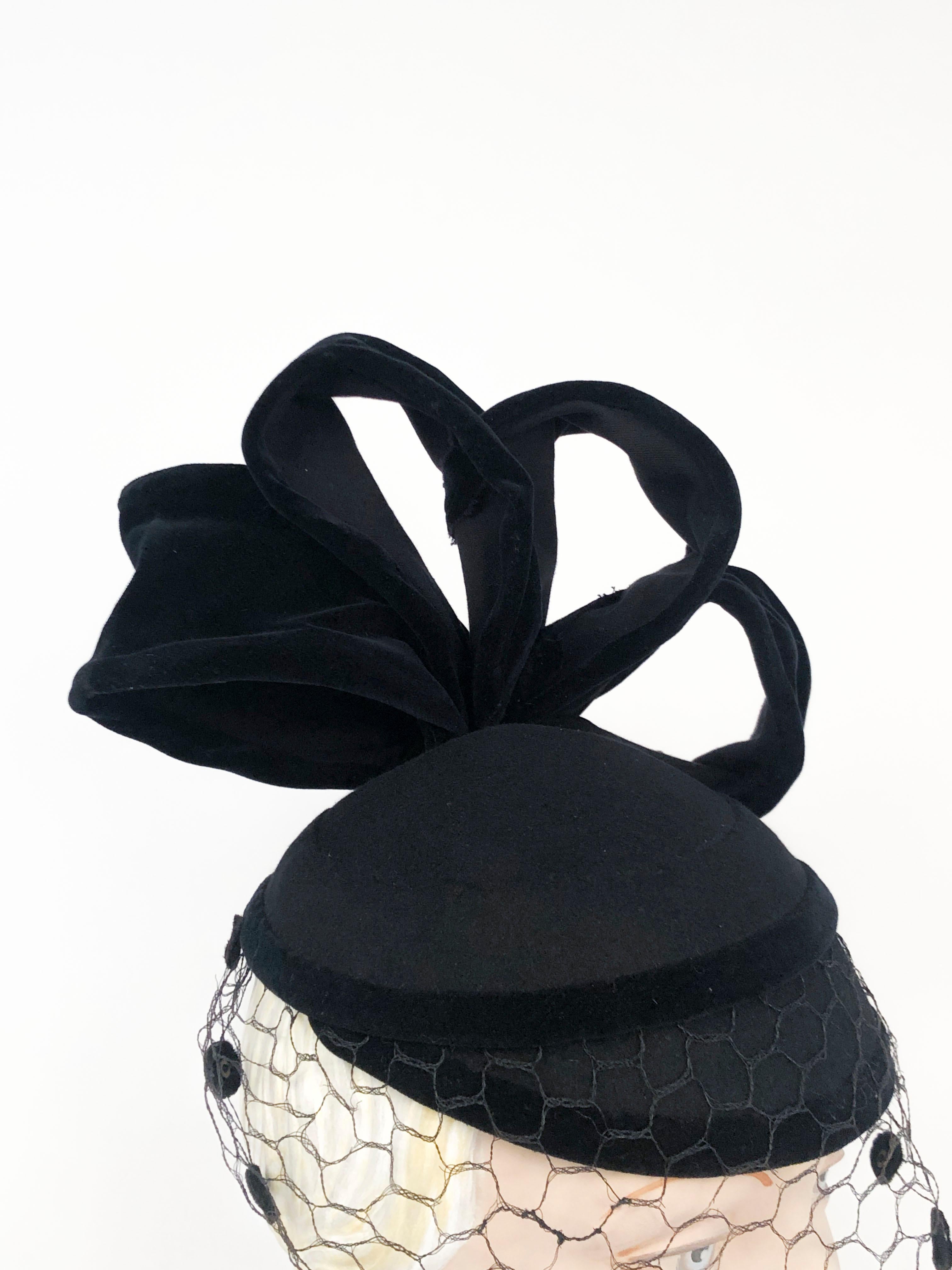 1930s Black Perch Hat with Structured Accents and Decorated Veil 2