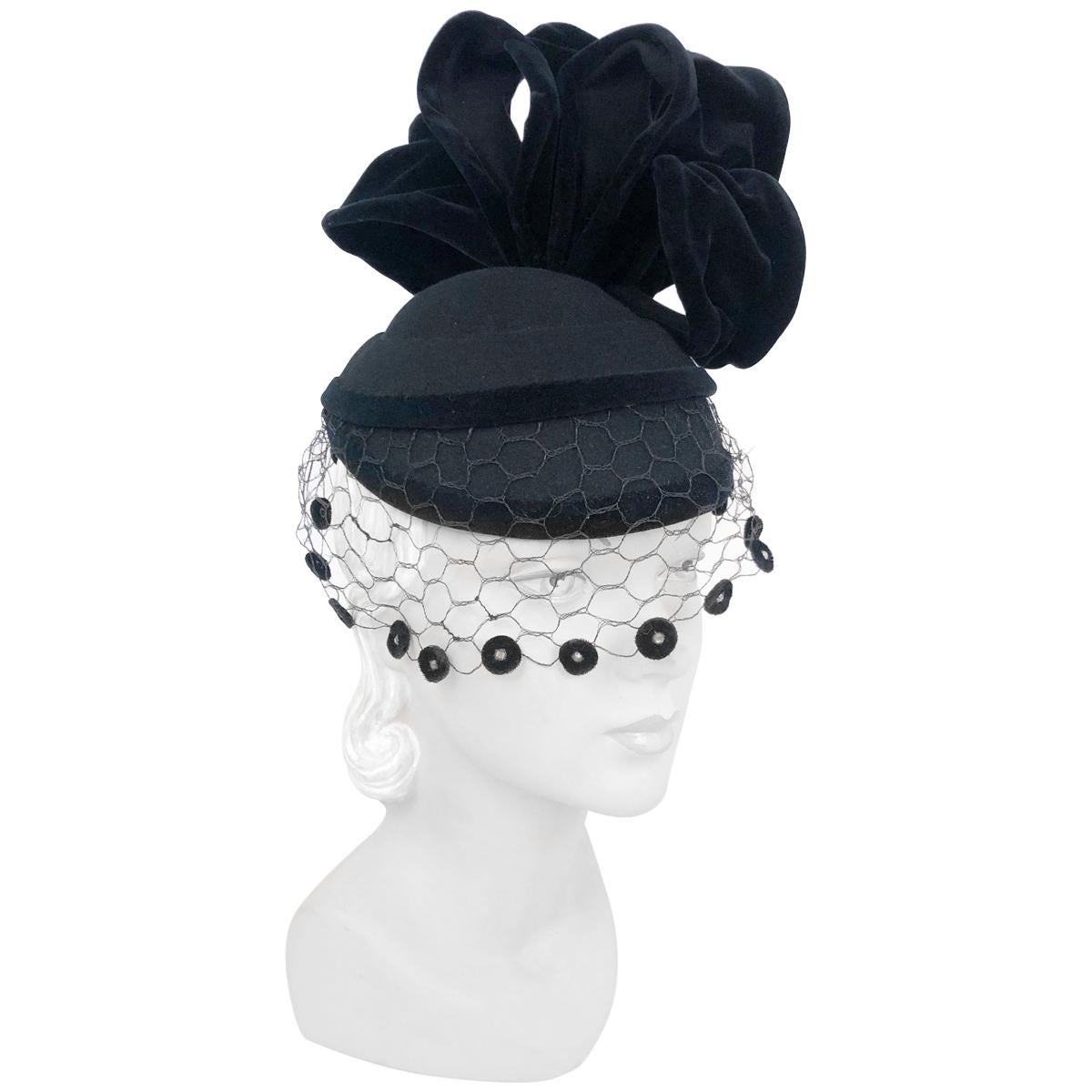 1930s Black Perch Hat with Structured Accents and Decorated Veil