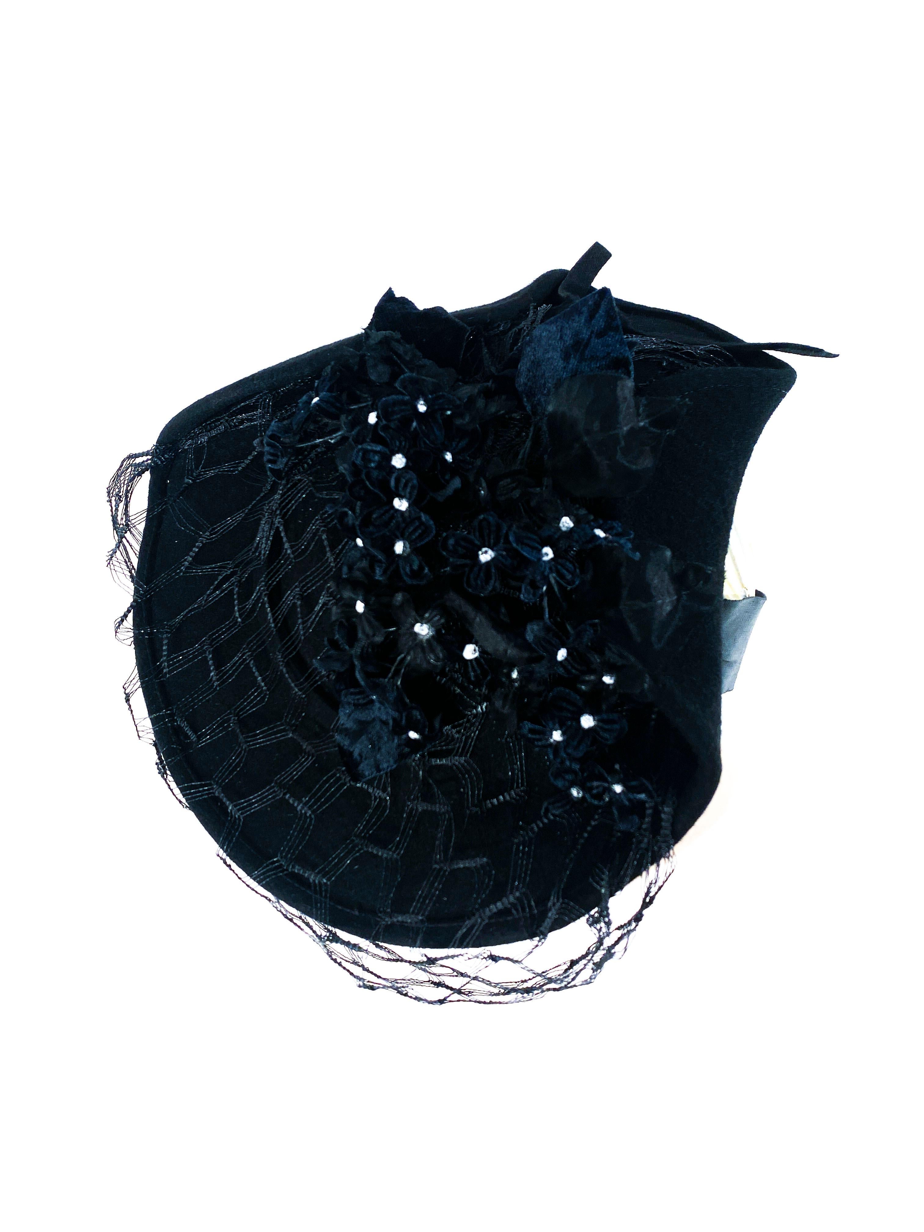 1930s Black Perch Hat with Velvet Flowers and Veil 1