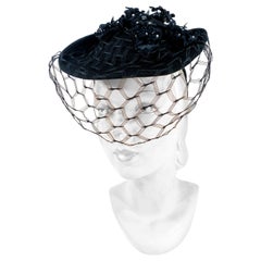 1930s Black Perch Hat with Velvet Flowers and Veil