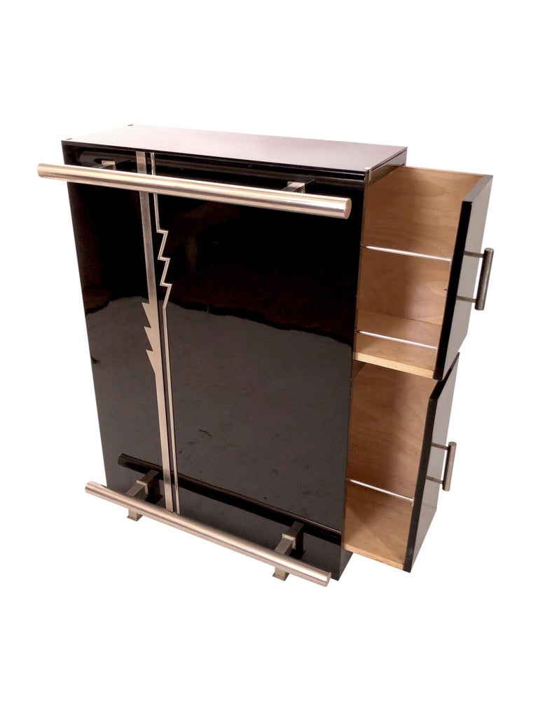 1930s Black Piano Lacquer Dry Bar with Art Deco Pattern from France For