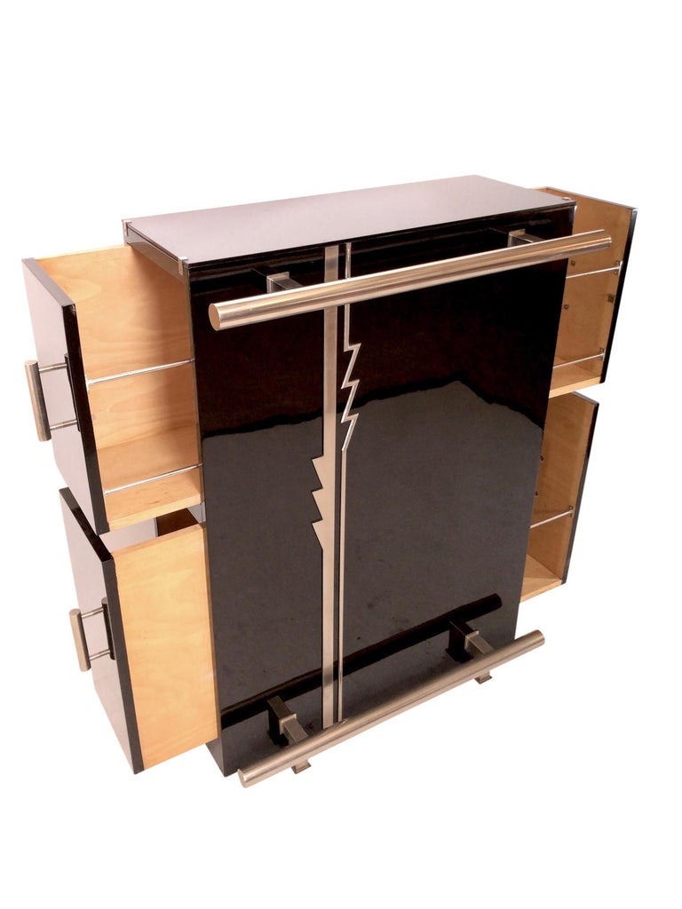 1930s Black Piano Lacquer Dry Bar with Art Deco Pattern from France For