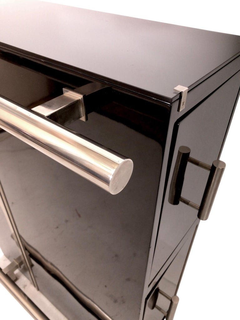 1930s Black Piano Lacquer Dry Bar with Art Deco Pattern from France For