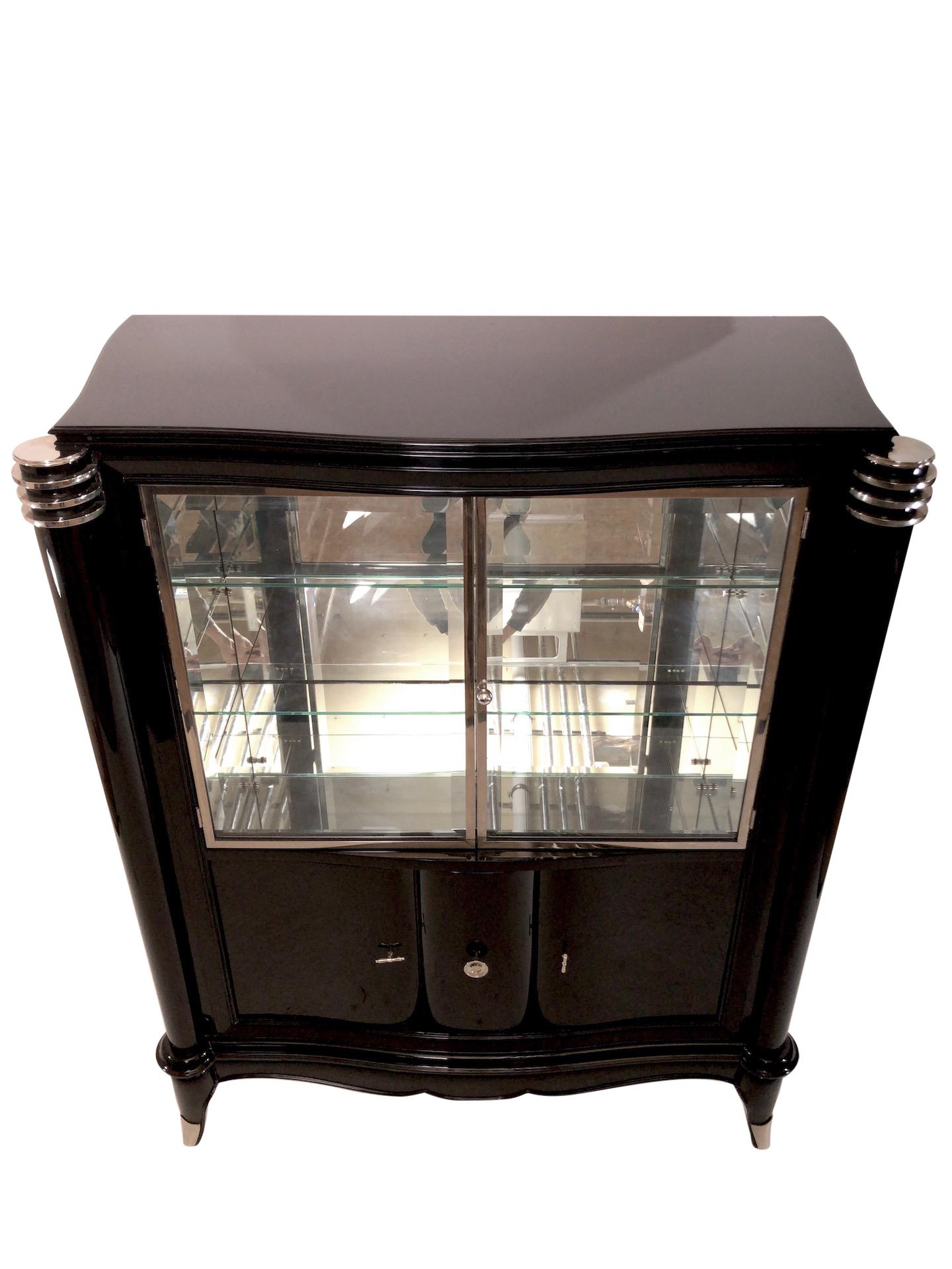 Metal 1930s Black Piano Lacquer Vitrine with Dry Bar Original French Art Deco For Sale
