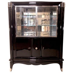 1930s Black Piano Lacquer Vitrine with Dry Bar Original French Art Deco