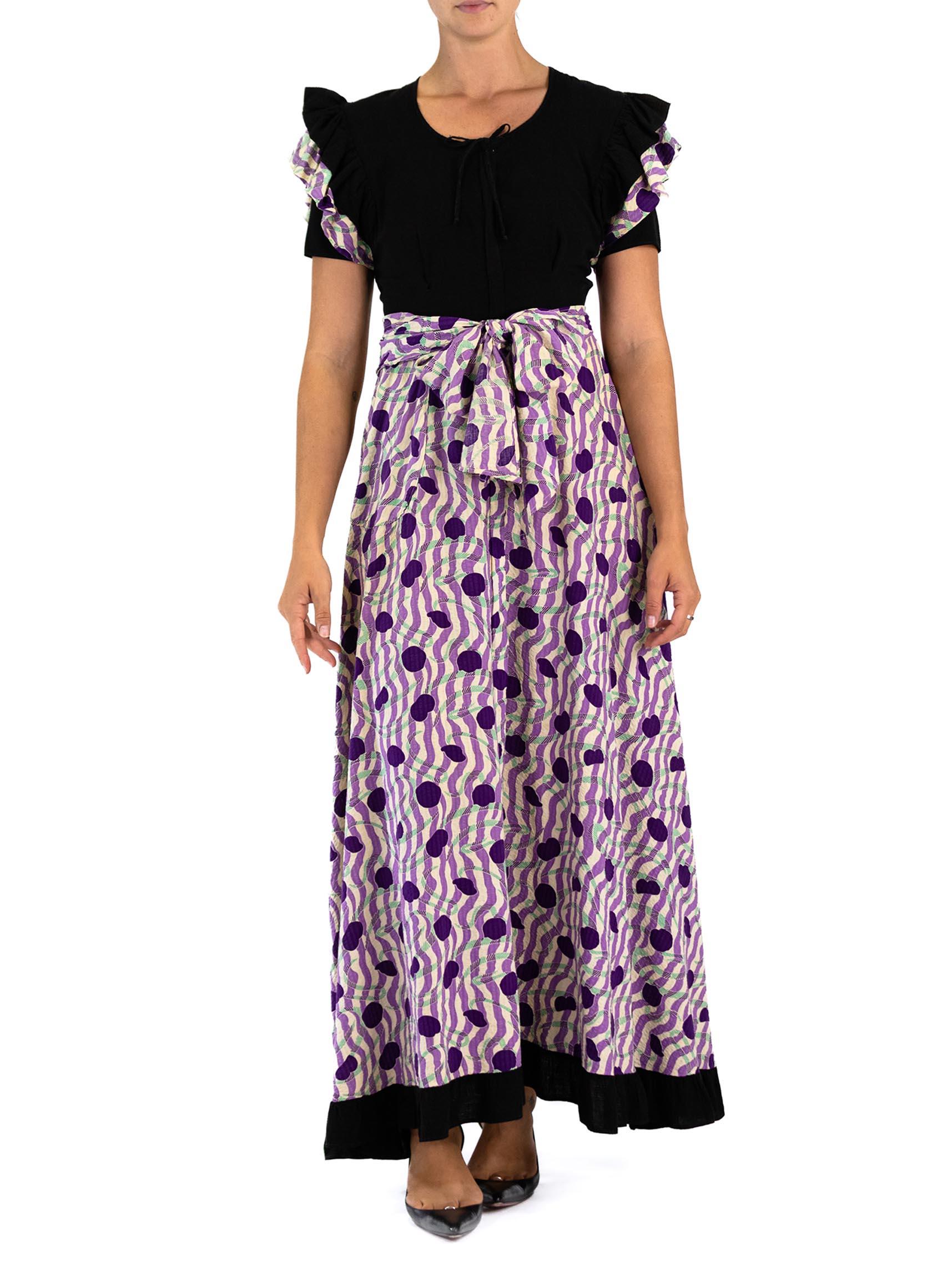Fabulous and fun with subtle fading.  1930S Black & Purple Cotton Ruffle Sleeved “Breakfast Formals” House Dress 