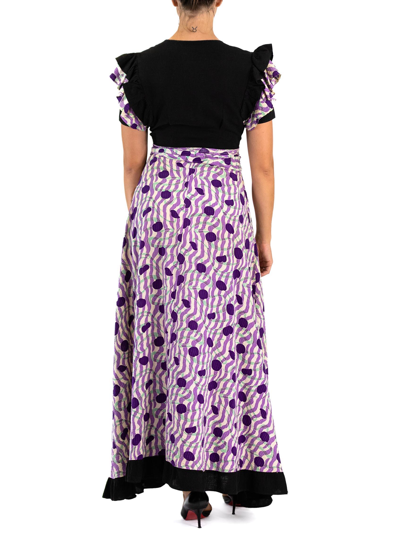 1930S Black & Purple Cotton Ruffle Sleeved “Breakfast Formals” House Dress For Sale 1