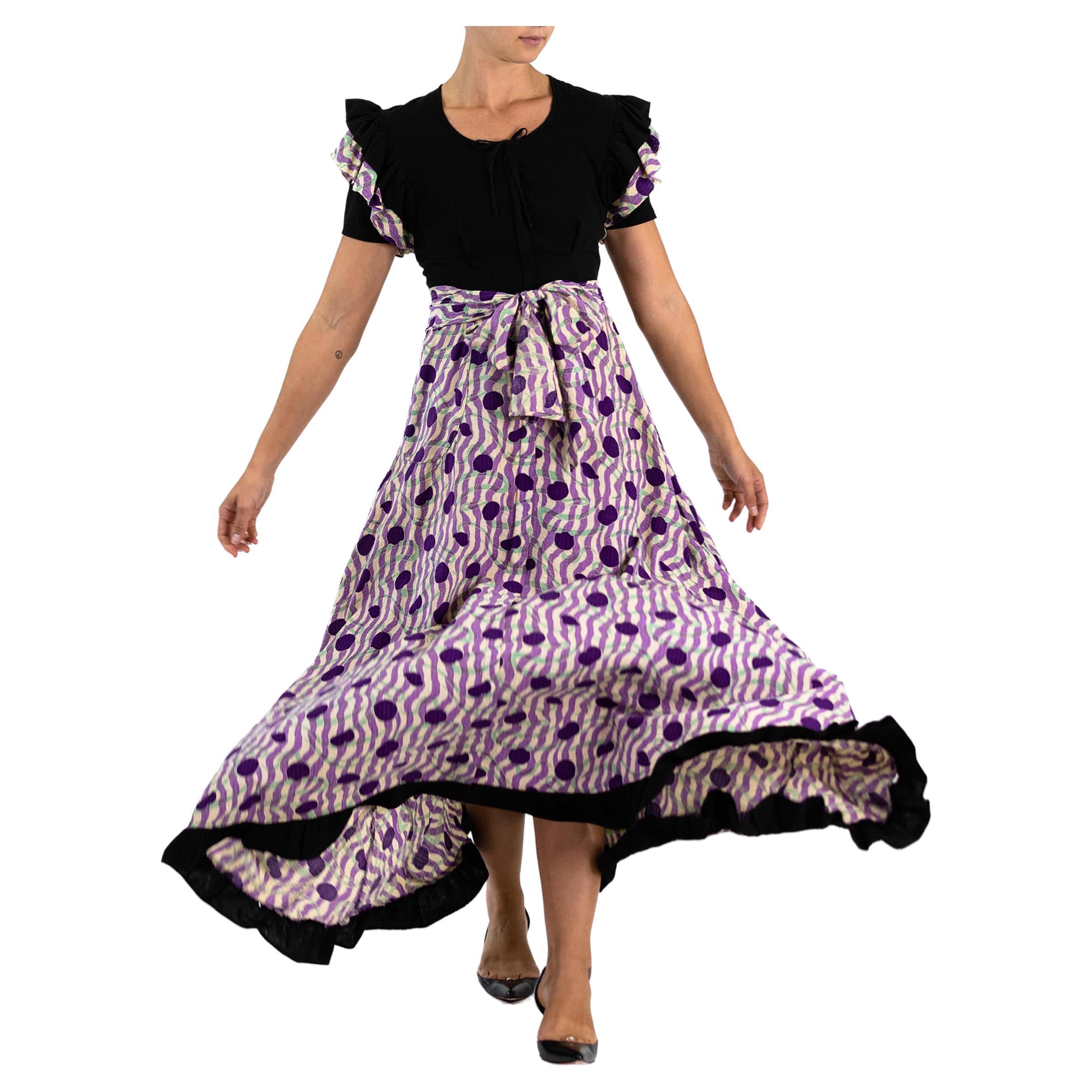1930S Black & Purple Cotton Ruffle Sleeved “Breakfast Formals” House Dress For Sale