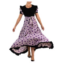 Vintage 1930S Black & Purple Cotton Ruffle Sleeved “Breakfast Formals” House Dress