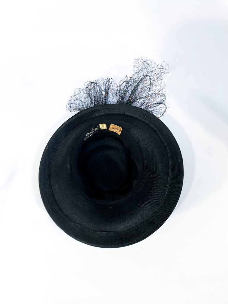 1930s Black Raffia Perch Hat with Art Deco Bow For Sale 2